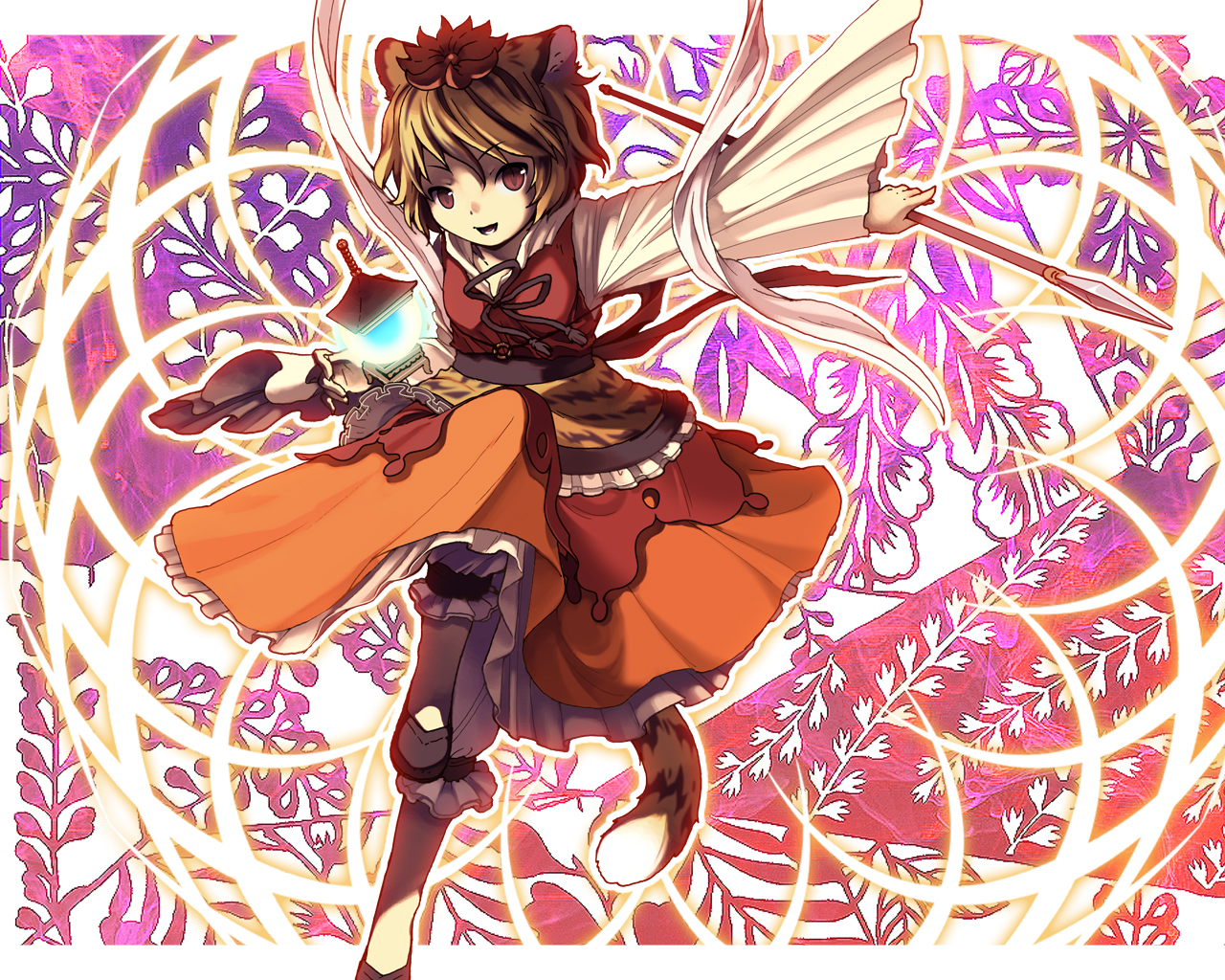 kondou (dioptrie), toramaru shou, touhou, 1girl, animal ears, bishamonten's pagoda, black hair, blonde hair, female focus, hair ornament, kemonomimi mode, multicolored hair, polearm, red eyes, shawl, short hair, solo, spear, tail, tiger ears, tiger tail, two-tone hair, weapon