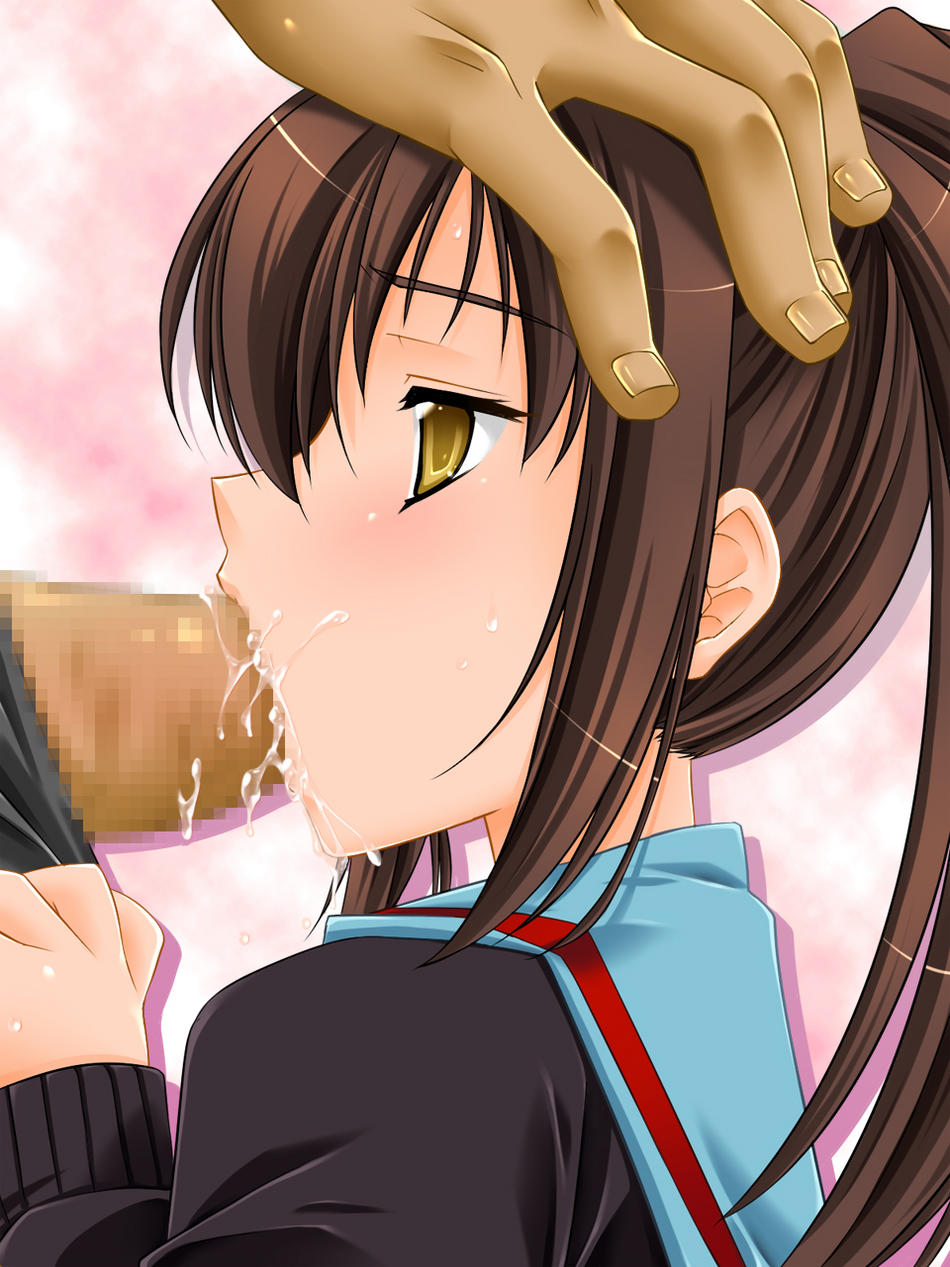 kyonko, suzumiya haruhi no yuuutsu, highres, 00s, 1girl, brown eyes, brown hair, fellatio, genderswap, genderswap (mtf), hetero, long hair, mosaic censoring, oral, penis, ponytail, saliva, school uniform, serafuku, shoes, solo focus, thighhighs