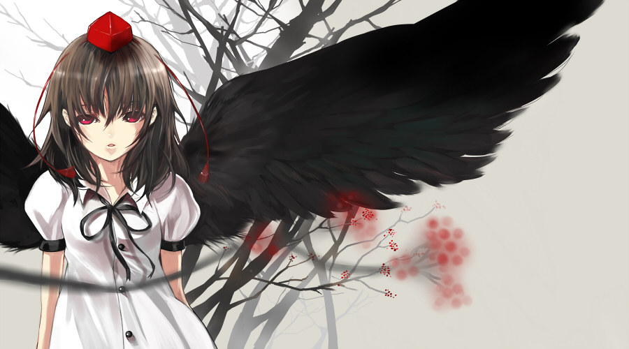 kirin (tofu), kirin tofu, shameimaru aya, touhou, 1girl, black hair, black wings, female focus, hat, looking at viewer, red eyes, short hair, solo, tokin hat, wings