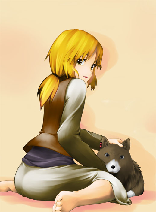 babato, enekk, nora arento, spice and wolf, bad id, bad pixiv id, 00s, barefoot, blonde hair, dog, feet, long hair, looking back, ponytail, sheepdog, sitting, smile, soles, toes, wariza, yellow eyes