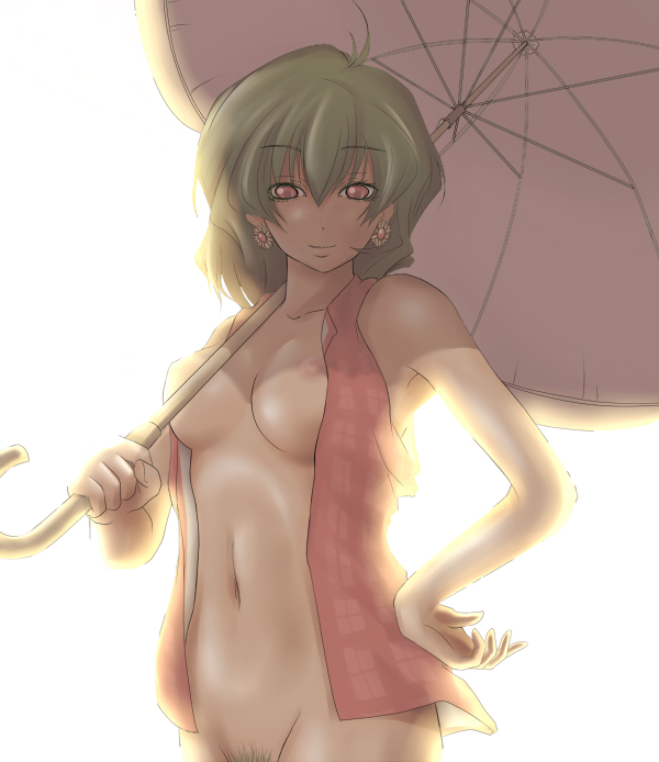 ao usagi, kazami yuuka, touhou, 1girl, backlighting, bottomless, breasts, breasts apart, earrings, female focus, female pubic hair, green hair, hand on own hip, hip focus, jewelry, naked shirt, naked vest, navel, nipples, no bra, open clothes, open shirt, open vest, out-of-frame censoring, parasol, plaid clothes, plaid vest, pubic hair, red eyes, shirt, short hair, simple background, smile, solo, umbrella, vest