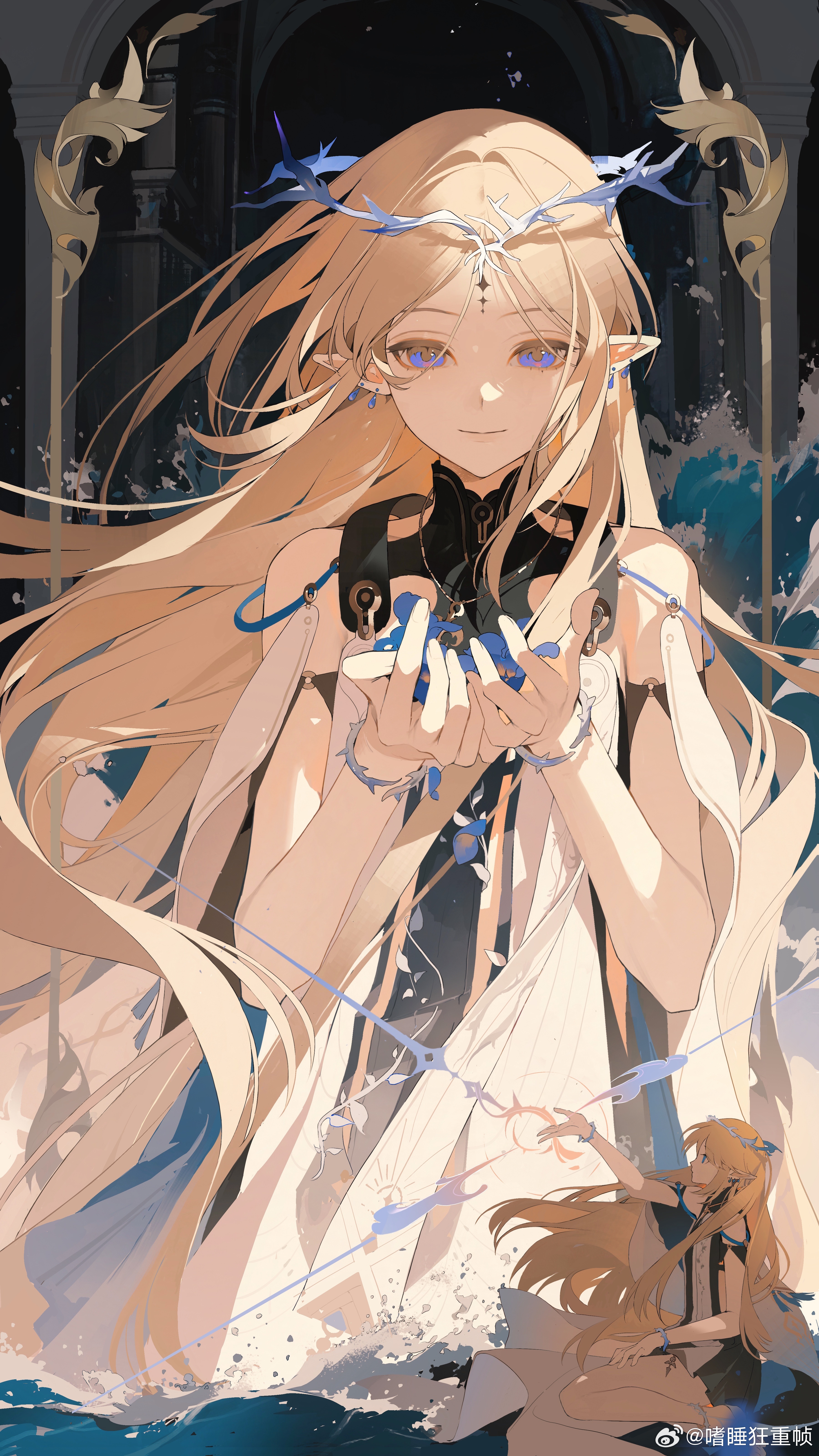 chongzhen 085, cartethyia (wuthering waves), wuthering waves, absurdres, highres, 1girl, bare shoulders, black dress, blonde hair, blue eyes, blue petals, closed mouth, crown of thorns, dress, earrings, hands up, jewelry, long hair, looking at viewer, missing commentary, multiple earrings, multiple views, parted bangs, petals, pointy ears, smile, tacet mark (wuthering waves)