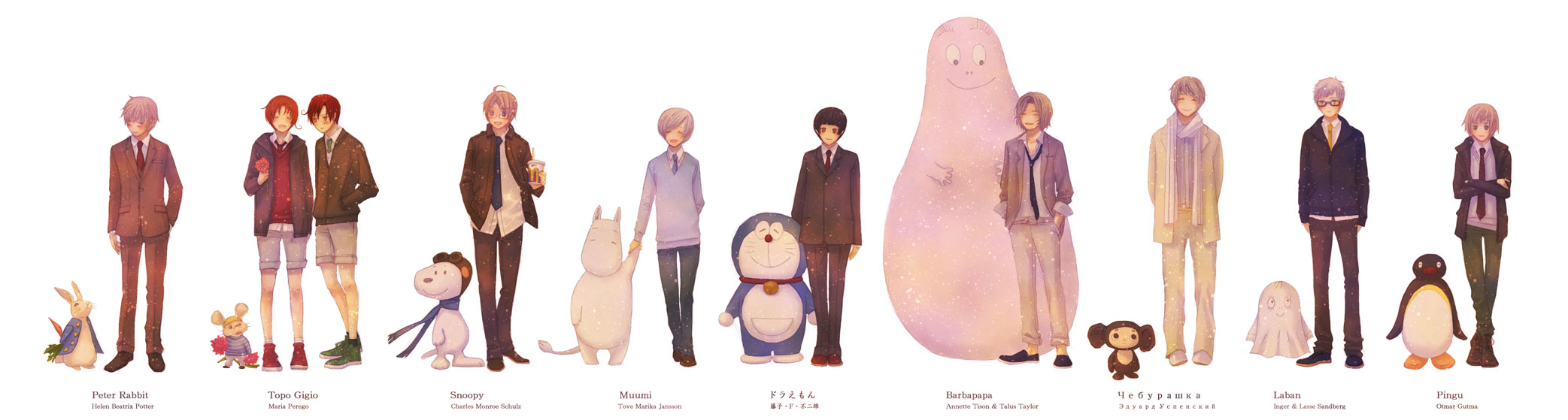 kotouke, america (hetalia), cheburashka, doraemon (character), finland (hetalia), france (hetalia), japan (hetalia), moomintroll, mumintrollet, northern italy (hetalia), pingu, russia (hetalia), snoopy, southern italy (hetalia), sweden (hetalia), switzerland (hetalia), topo gigio (character), united kingdom (hetalia), axis powers hetalia, barbapapa, doraemon, mcdonald's, moomin, peanuts (comic), topo gigio, character request, highres, long image, wide image, 00s, 1970s (style), 6+boys, ahoge, aviator cap, beagle, bird, black hair, brown hair, carrot, closed eyes, crossover, flower, formal clothes, full body, goggles, goggles on head, grey hair, holding hands, long sleeves, male focus, multiple boys, multiple crossover, necktie, oldschool, orange hair, pants, penguin, plant, retro artstyle, scarf, shoes, shorts, smile, sneakers, suit, white background