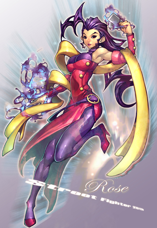 fufuhol, rose (street fighter), capcom, street fighter, 1girl, detached sleeves, electricity, female focus, fire, hagoromo, hair slicked back, long hair, pantyhose, purple hair, red eyes, shawl, single hair intake, solo