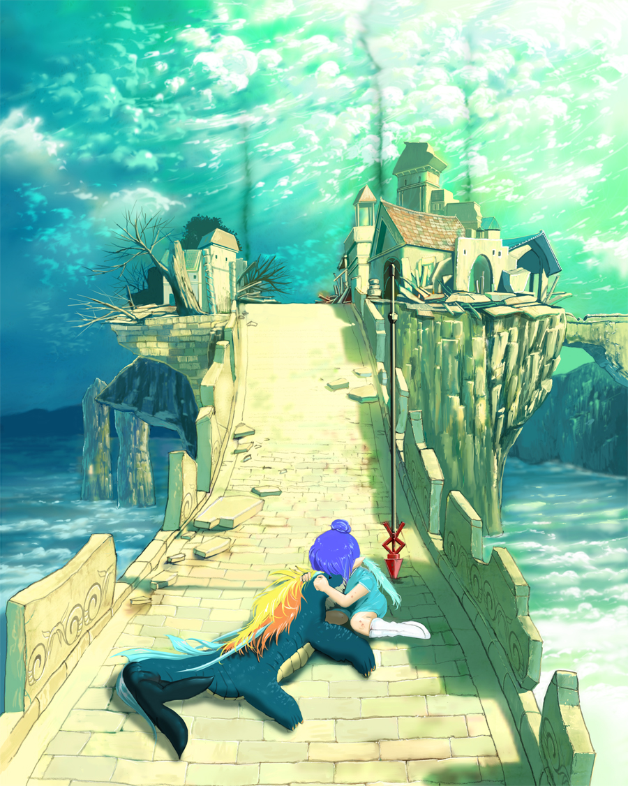 hatomugi (hato3pp), baul (tales), judith (tales), tales of (series), tales of vesperia, 00s, 1girl, aged down, blue hair, blue theme, child, creature, hug, polearm, sad, scenery, spear, town, weapon