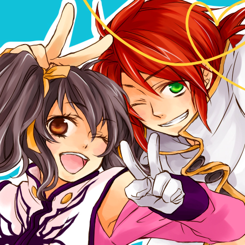 kira (abyss), anise tatlin, luke fon fabre, tales of (series), tales of the abyss, bad id, bad pixiv id, lowres, 00s, 1boy, 1girl, black hair, brown eyes, green eyes, grin, heart, heart of string, one eye closed, red hair, smile, twintails, v, wink