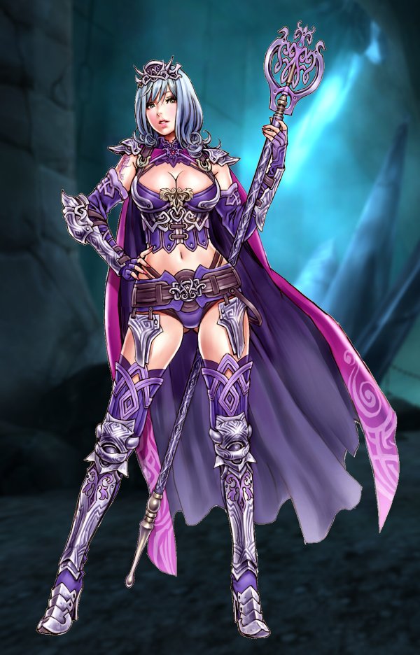yamashita shun'ya, 1girl, arm tattoo, armor, blue hair, boots, breasts, cape, cleavage, elbow gloves, female focus, gloves, large breasts, nail polish, pink nails, solo, staff, tattoo, thighhighs, tiara