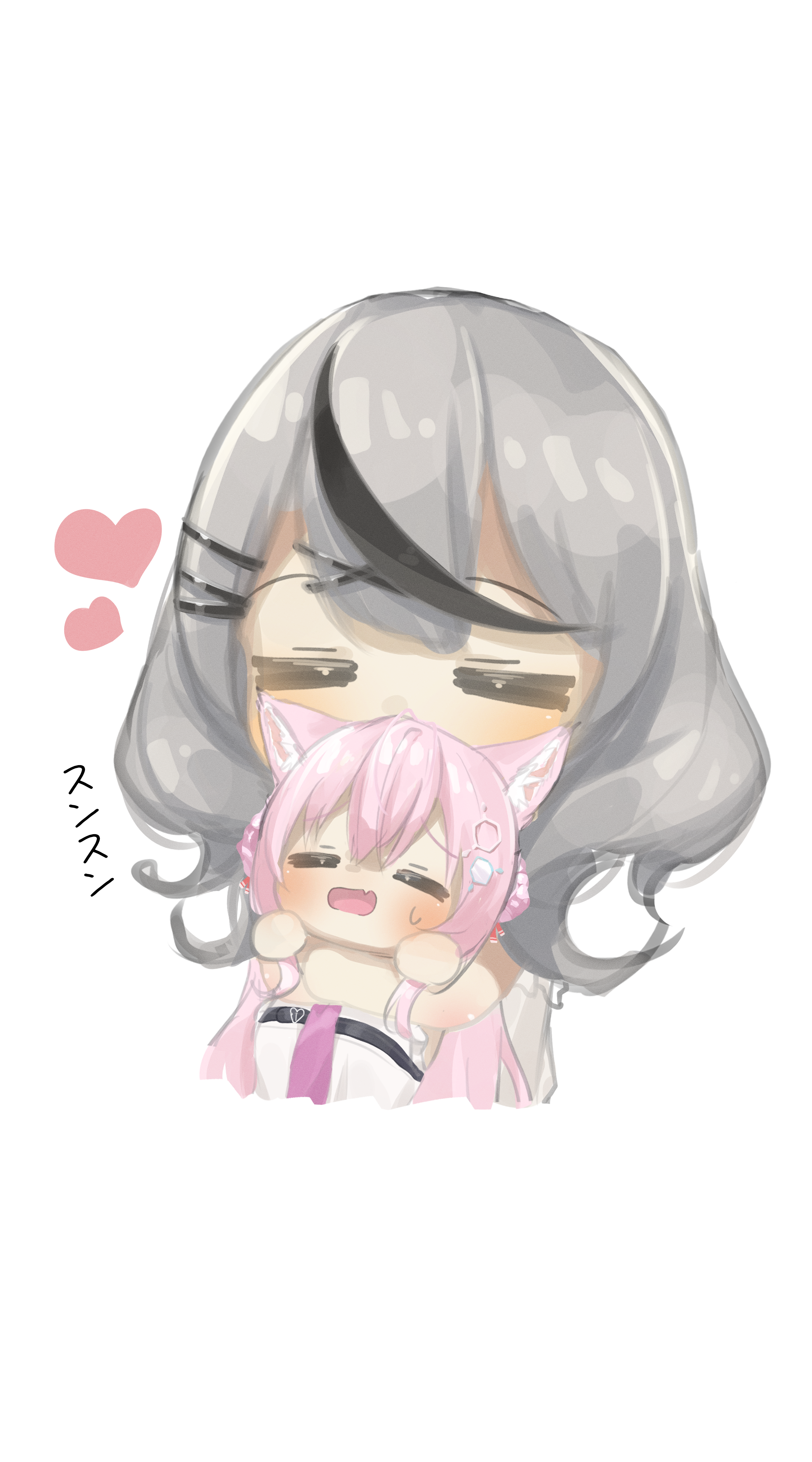 nema 029, hakui koyori, hakui koyori (1st costume), sakamata chloe, sakamata chloe (1st costume), hololive, holox, absurdres, commentary request, highres, 2girls, ahoge, animal ear fluff, animal ears, black hair, blush, chemical structure, chibi, closed eyes, double bun, fang, grey hair, hair between eyes, hair bun, hair ornament, heart, hexagon hair ornament, hug, hug from behind, kissing head, long hair, multicolored hair, multiple girls, necktie, nervous sweating, open mouth, pink hair, pink necktie, simple background, skin fang, spread legs, sweat, virtual youtuber, wolf ears, wolf girl, x hair ornament