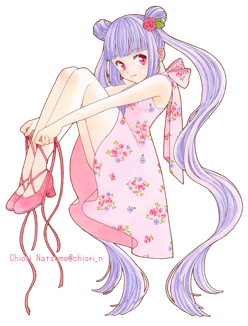 chiori n, original, colored pencil (medium), commentary request, highres, traditional media, 1girl, breasts, double bun, dress, floral print, flower, full body, hair bun, hair flower, hair ornament, high heels, knees up, light smile, long hair, looking at viewer, purple hair, red eyes, rose, small breasts, solo, twintails, untied shoelaces, very long hair