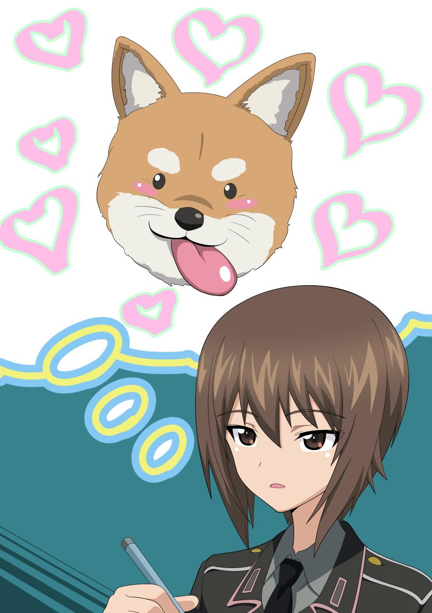 nao (nao puku777), nishizumi family dog, nishizumi maho, girls und panzer, commentary request, highres, 1girl, animal, aqua background, baby animal, black jacket, black necktie, blush, brown hair, dog, dress shirt, grey shirt, holding, holding pen, jacket, long sleeves, military, military jacket, military uniform, necktie, niedersachsen military uniform, open mouth, pen, puppy, shiba inu, shirt, short hair, shoulder boards, simple background, smile, speech bubble, thinking, thought bubble, tongue, tongue out, upper body