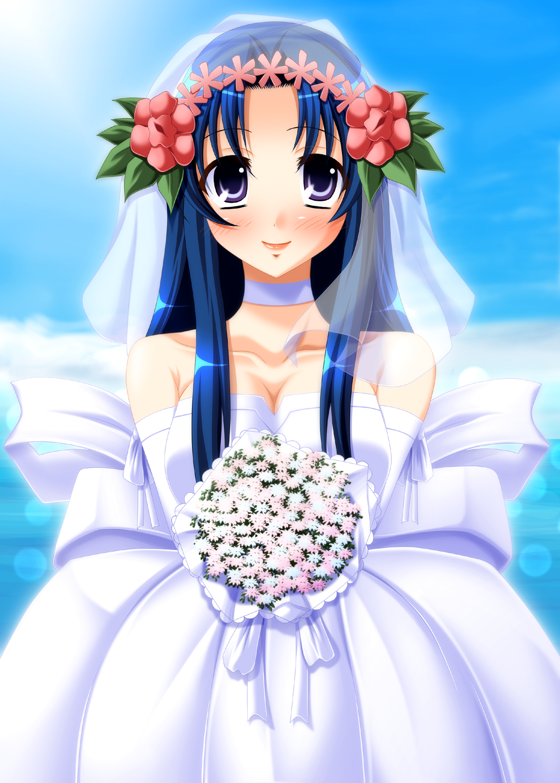 yuunagi kanade, kawashima ami, toradora!, bad id, bad pixiv id, highres, 00s, blue eyes, blue hair, bouquet, bridal veil, bride, dress, flower, long hair, solo, veil, wedding dress