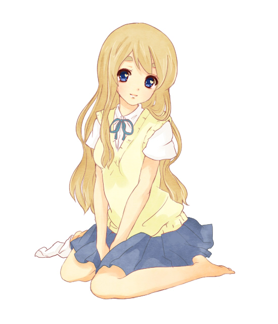 satouko, kotobuki tsumugi, k-on!, 00s, 1girl, blonde hair, blue eyes, female focus, full body, kneeling, long hair, school uniform, simple background, sitting, solo, white background