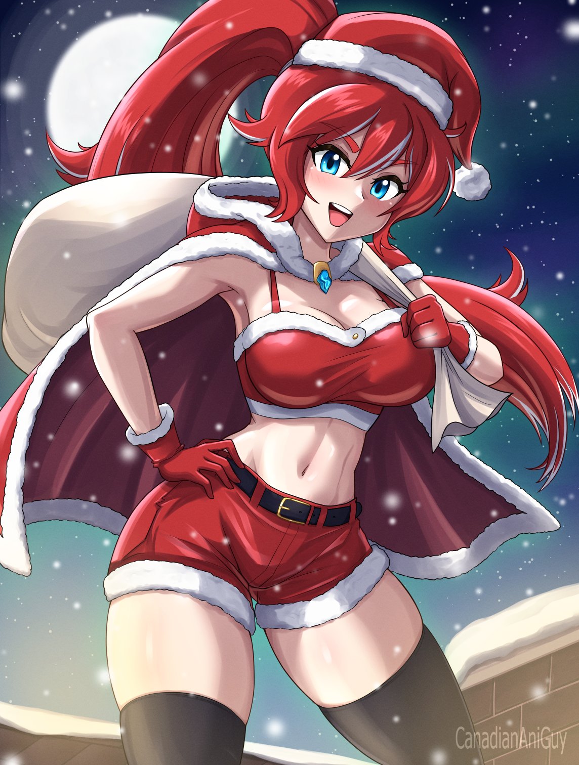 canadiananiguy, original, 1girl, blue eyes, christmas, hat, ponytail, red hair, santa hat