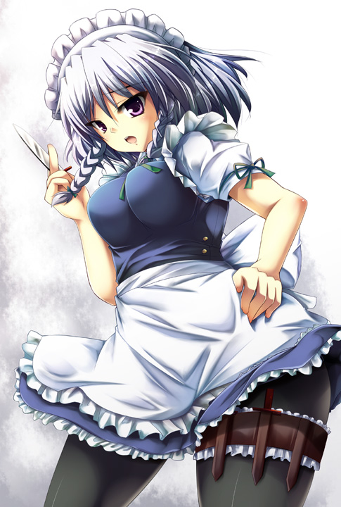 tekehiro, izayoi sakuya, touhou, silver hair, md5 mismatch, 1girl, braid, female focus, frilled thigh strap, knife, maid, pantyhose, purple eyes, short hair, solo, thigh strap, throwing knife, twin braids, weapon