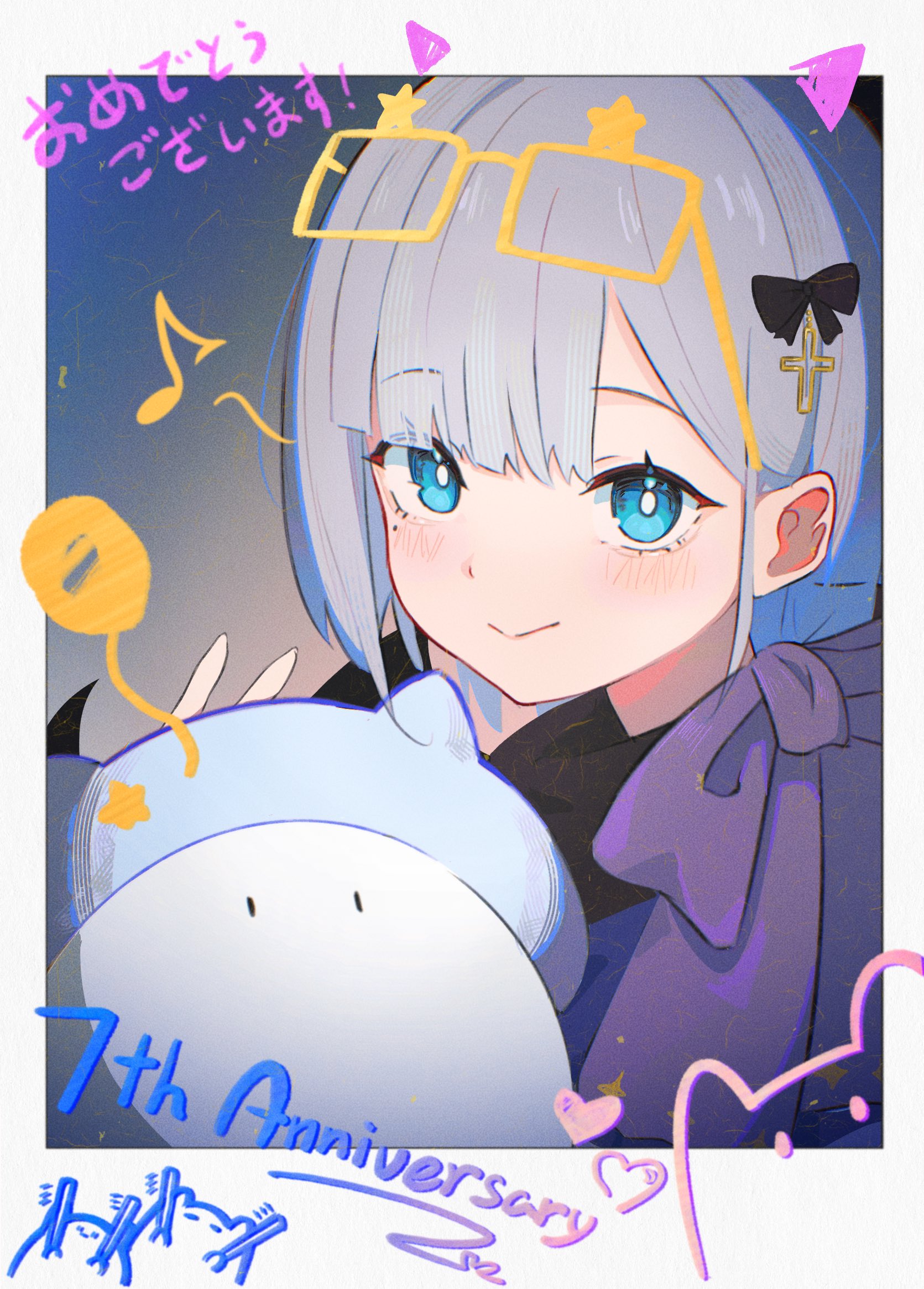 simuyutou, kaga sumire, lupinus virtual games, vspo!, commentary, highres, 1girl, anniversary, blue eyes, border, bow, cross hair ornament, drawn eyewear, drawn horns, grey hair, hair bow, hair ornament, looking at viewer, mole, mole under eye, parted bangs, portrait, simple background, smile, solo, v, virtual youtuber, white border