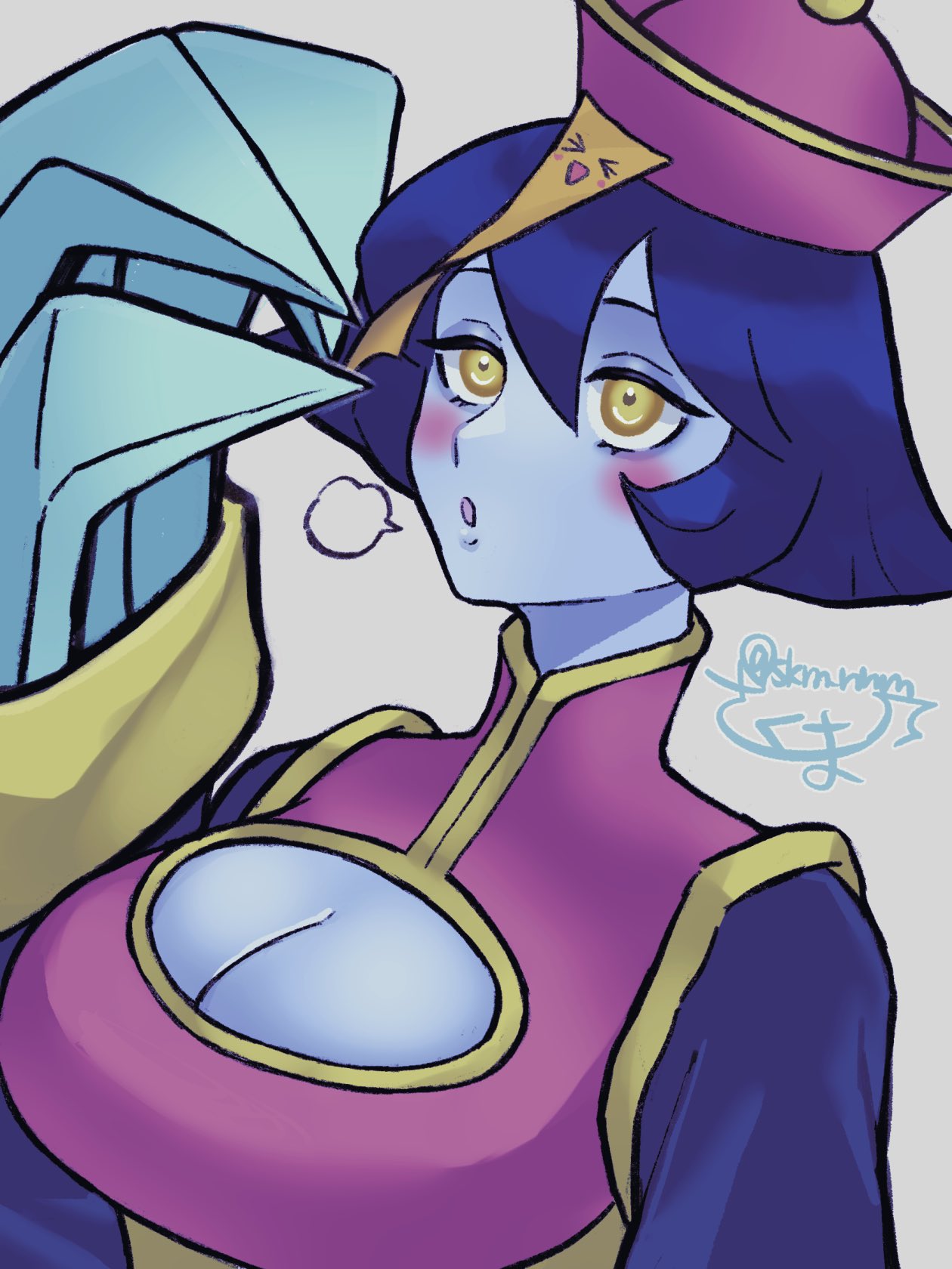 skm nnm, hsien-ko, darkstalkers, commentary request, highres, 1girl, :o, breasts, cleavage cutout, clothing cutout, jiangshi, jiangshi costume, looking up, ofuda, ofuda on head, open mouth, solo, upper body