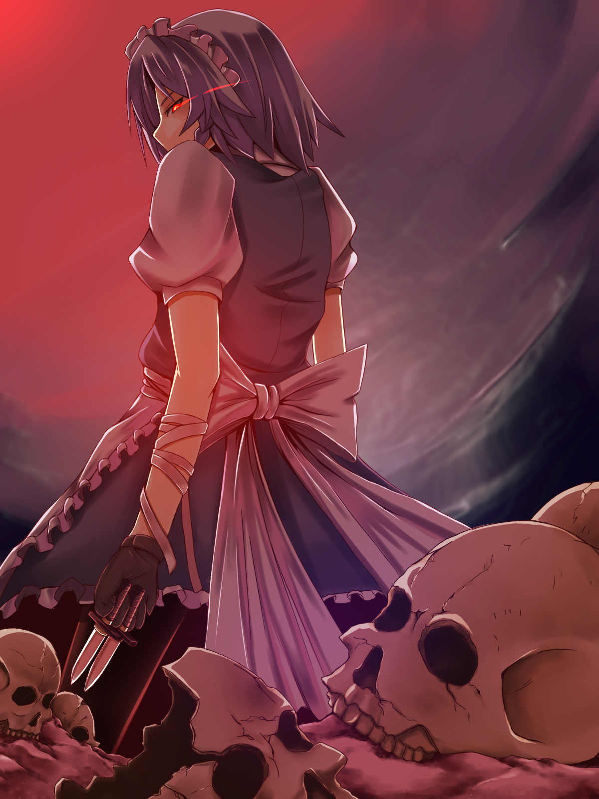 nahu, izayoi sakuya, embodiment of scarlet devil, touhou, silver hair, bad id, bad pixiv id, highres, 1girl, bandages, braid, female focus, glaring, gloves, glowing, glowing eyes, hairband, knife, looking back, maid, red eyes, short hair, skull, solo, throwing knife, weapon