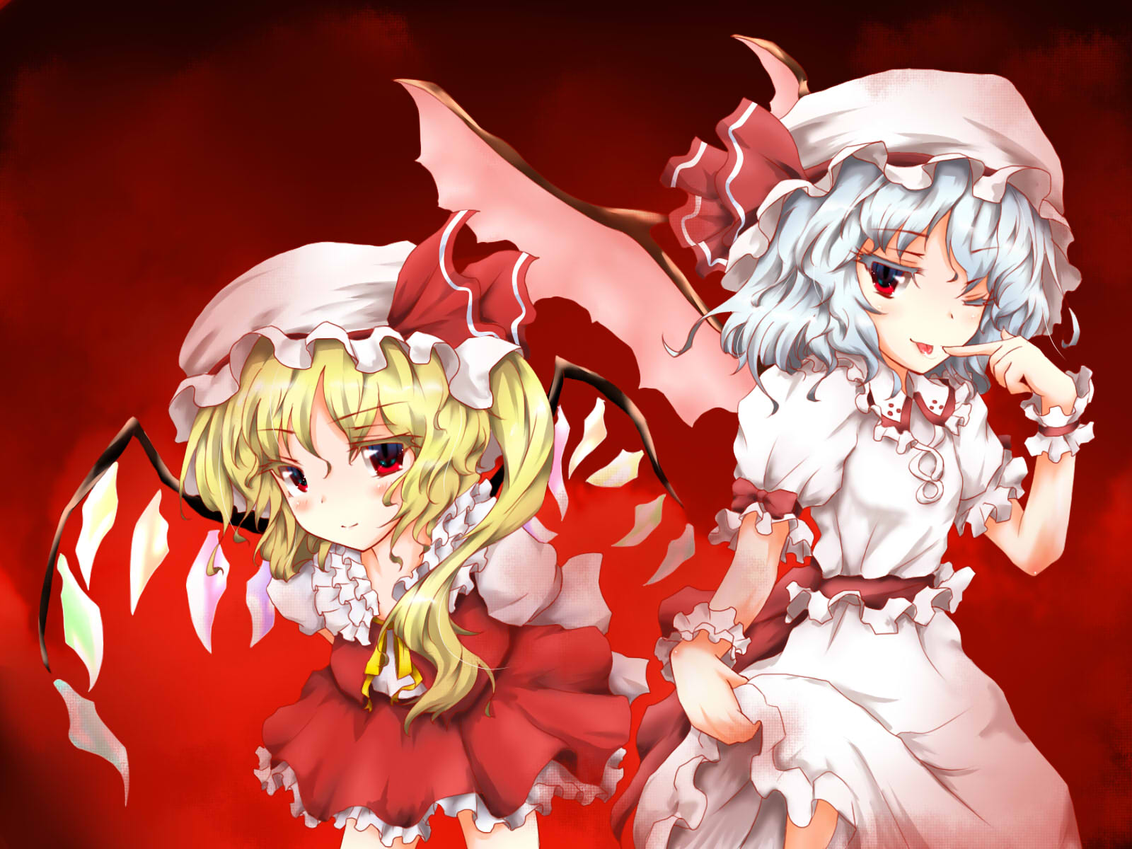 azauma, mikage kirino, flandre scarlet, remilia scarlet, touhou, silver hair, bad id, bad pixiv id, highres, 2girls, bat wings, blonde hair, colored eyelashes, eyelashes, female focus, finger to mouth, hat, multiple girls, one eye closed, one side up, ponytail, red eyes, saliva, short hair, siblings, side ponytail, sisters, tongue, wings, wink