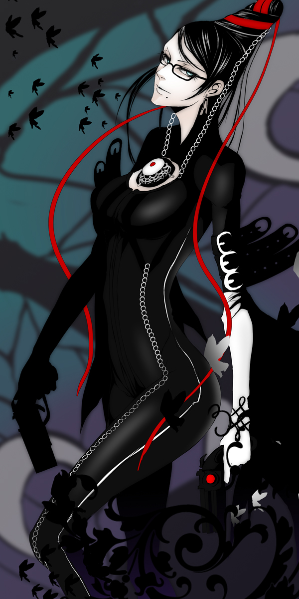 iwamoto eiri, bayonetta, bayonetta (series), bayonetta 1, bad id, bad pixiv id, highres, 1girl, bodysuit, breasts, bug, butterfly, female focus, glasses, gun, insect, mole, mole under mouth, silhouette, solo, weapon