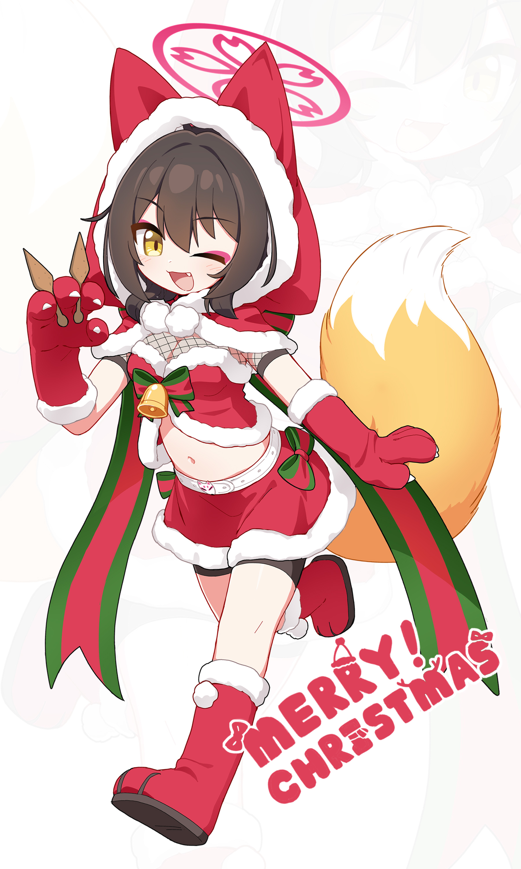needle (574187457), izuna (blue archive), blue archive, absurdres, commentary, hashtag-only commentary, highres, symbol-only commentary, 1girl, ;d, alternate costume, animal ear hood, animal ears, boots, breasts, brown hair, fake animal ears, fang, fishnet top, fishnets, fox ears, fox girl, fox tail, full body, fur-trimmed gloves, fur-trimmed hood, fur-trimmed skirt, fur trim, gloves, halo, hand up, hood, looking at viewer, medium breasts, merry christmas, midriff, navel, one eye closed, open mouth, pink halo, red boots, red gloves, red skirt, short hair, skirt, smile, solo, tail, walking, yellow eyes, zoom layer