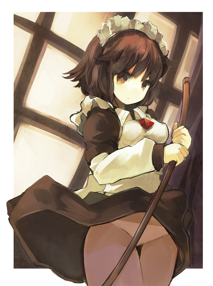 nekotewi, aliza, ragnarok online, bad id, bad pixiv id, 1girl, blouse, broom, brown eyes, brown pantyhose, clothes lift, collared shirt, dress, dress lift, female focus, maid, maid headdress, necktie, outside border, panties, panties under pantyhose, pantyhose, red necktie, see-through clothes, see-through legwear, shirt, solo, underwear, upskirt, white shirt