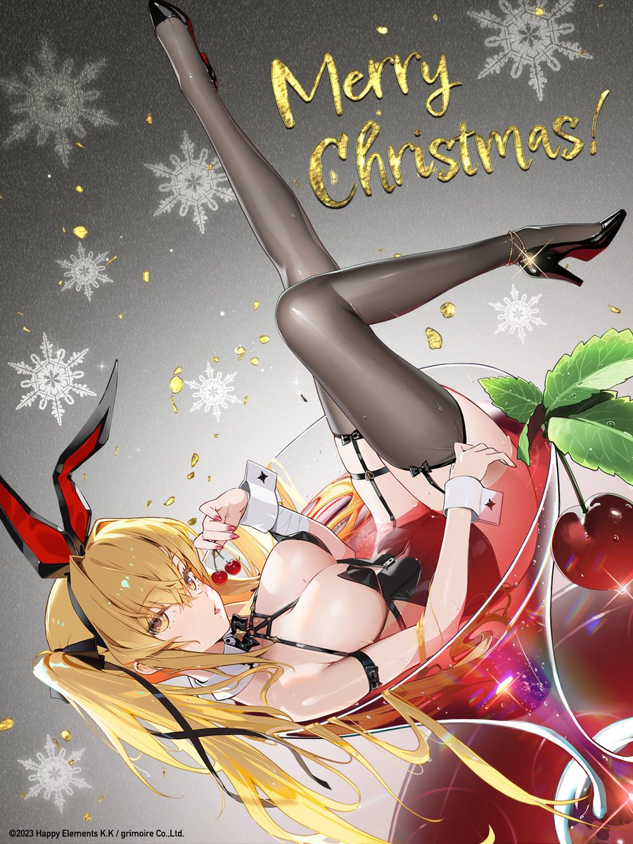 siino, reverseblue x re-birthend, character request, commentary request, highres, 1girl, blonde hair, breasts, christmas, cocktail glass, cup, detached collar, drinking glass, garter straps, hair ornament, high heels, holding cherry, long hair, solo, thighhighs, twintails, wrist cuffs, yellow eyes