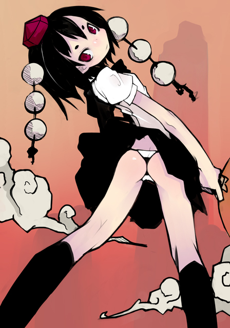 kimura akiyoshi, shameimaru aya, touhou, bad id, bad pixiv id, 1girl, ass, black hair, black socks, cloud, female focus, hat, looking at viewer, looking back, panties, pantyshot, red eyes, socks, solo, thong, underwear, upskirt