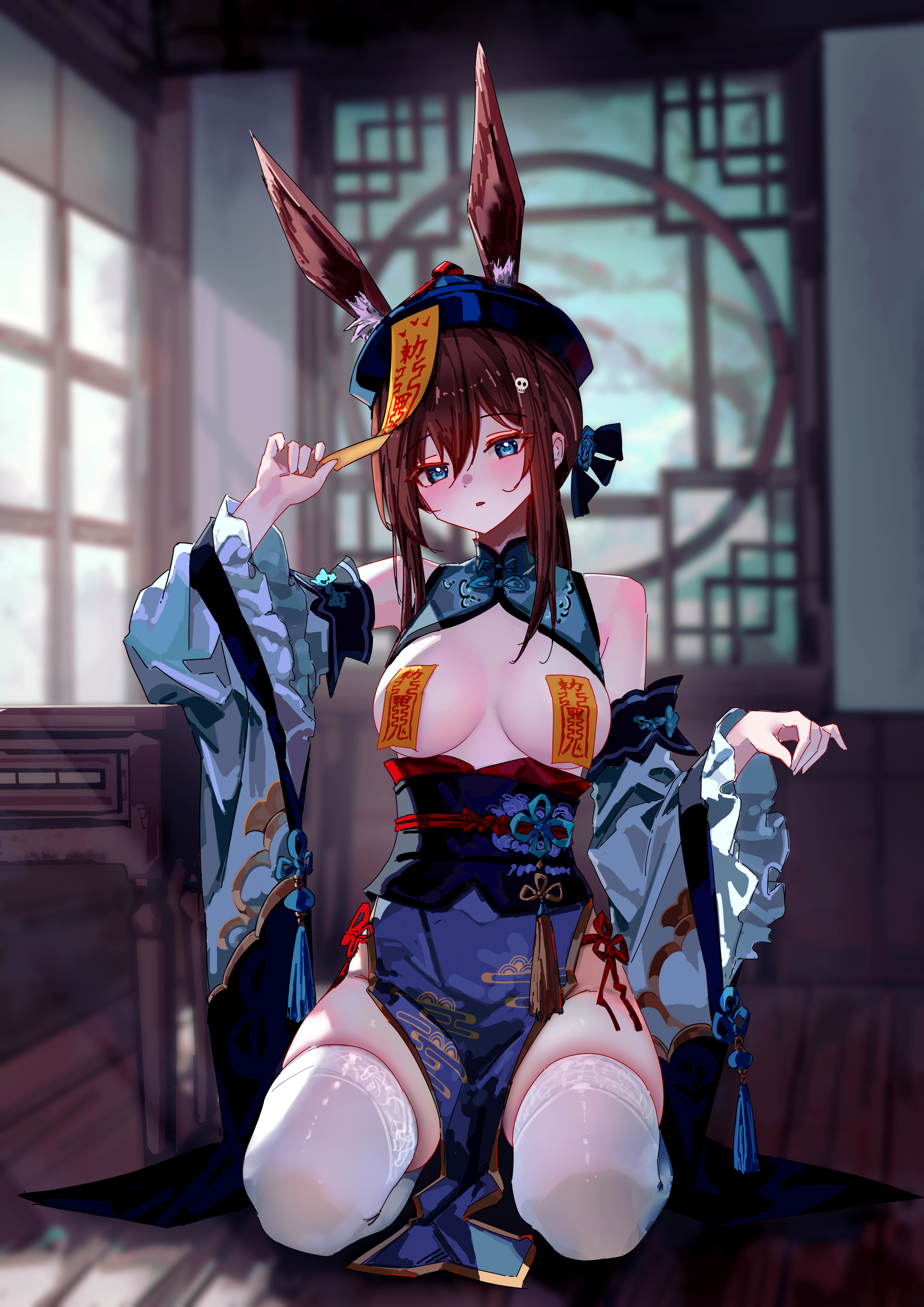 amiya (arknights), arknights, absurdres, commentary request, highres, 1girl, animal ears, breasts, head tilt, jiangshi, jiangshi costume, large breasts, looking at viewer, ofuda, ofuda on head, ofuda on nipples, open mouth, pasties, revealing clothes, sitting, solo, user xapf3744