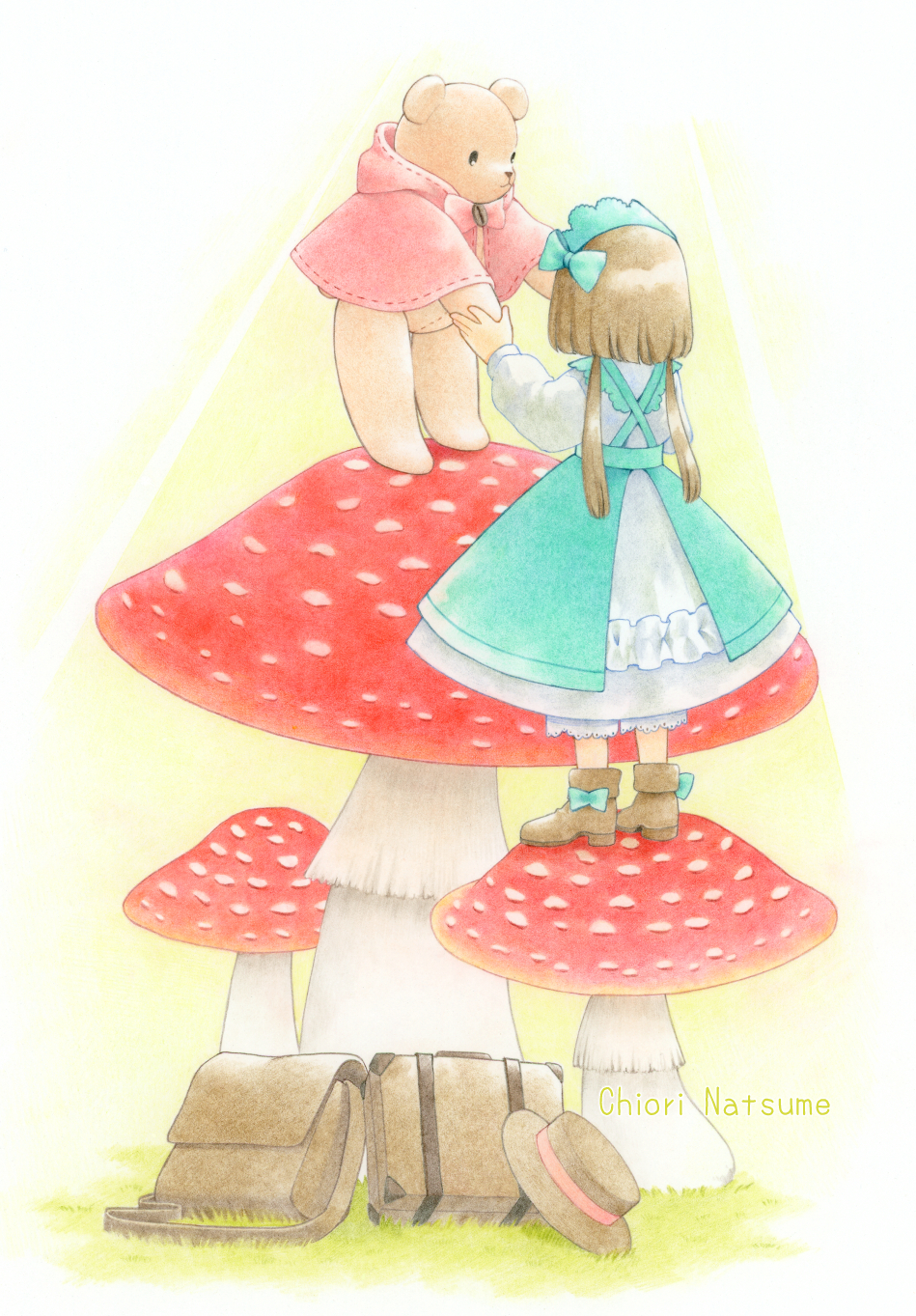 chiori n, original, colored pencil (medium), commentary request, highres, traditional media, 1girl, boots, brown hair, doll, dress, full body, holding hands, long hair, looking at another, low twintails, mushroom, stuffed animal, stuffed toy, suitcase, teddy bear, twintails
