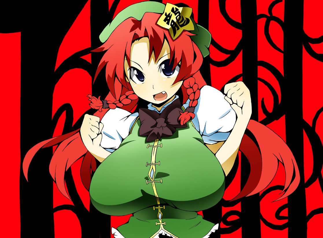 toudori, hong meiling, embodiment of scarlet devil, touhou, 1girl, blue eyes, braid, breasts, china dress, chinese clothes, dress, female focus, hat, huge breasts, long hair, red hair, solo, twin braids