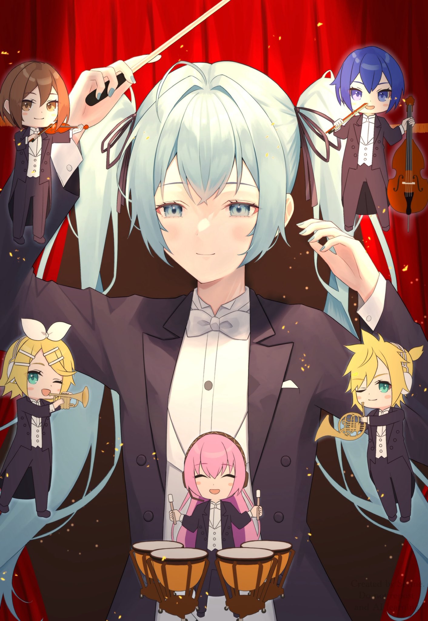 hatsune miku, kagamine len, kagamine rin, kaito (vocaloid), megurine luka, meiko (vocaloid), vocaloid, commentary request, highres, 2girls, 4girls, blue eyes, blue hair, bob cut, bow, bowtie, brown eyes, brown hair, formal clothes, holding, holding instrument, holding trumpet, holding violin, instrument, multiple girls, musical staff, pink hair, ponytail, serin (zersk 04), short ponytail, spiked hair, trumpet, twintails, violin, white bow, white bowtie