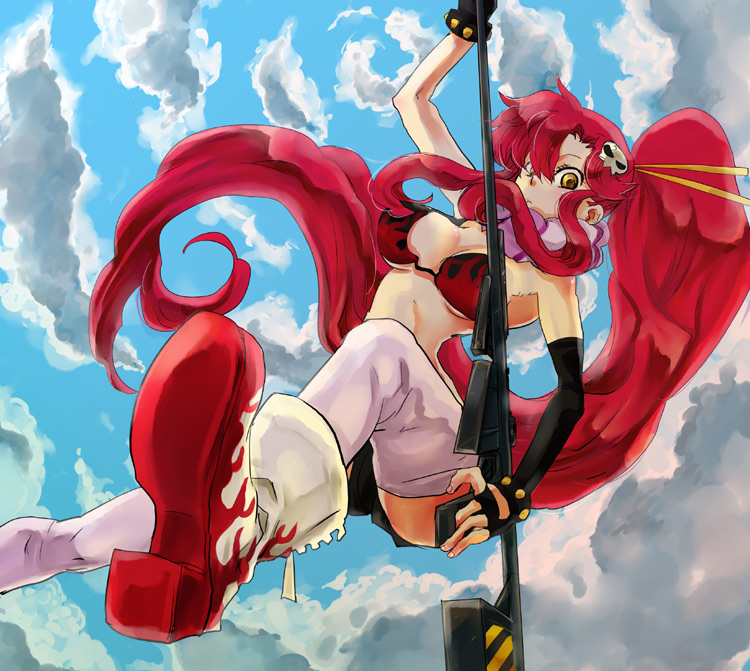 hoshino hitsuki, yoko littner, tengen toppa gurren lagann, 00s, 1girl, :<, anti-materiel rifle, asymmetrical gloves, bad anatomy, bikini, bikini top only, boots, cloud, day, elbow gloves, female focus, fingerless gloves, floating, gloves, gun, long hair, pink thighhighs, red hair, rifle, scarf, single elbow glove, skull, sky, sniper rifle, solo, swimsuit, thighhighs, uneven gloves, very long hair, weapon, yellow eyes