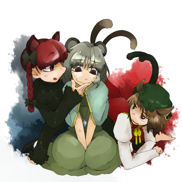 toriga naku, chen, kaenbyou rin, nazrin, touhou, 3girls, animal ears, brown hair, cat ears, cat girl, cat tail, drooling, female focus, grey hair, licking lips, mouse ears, multiple girls, multiple tails, red eyes, red hair, scared, short hair, sweat, tail, tongue, tongue out