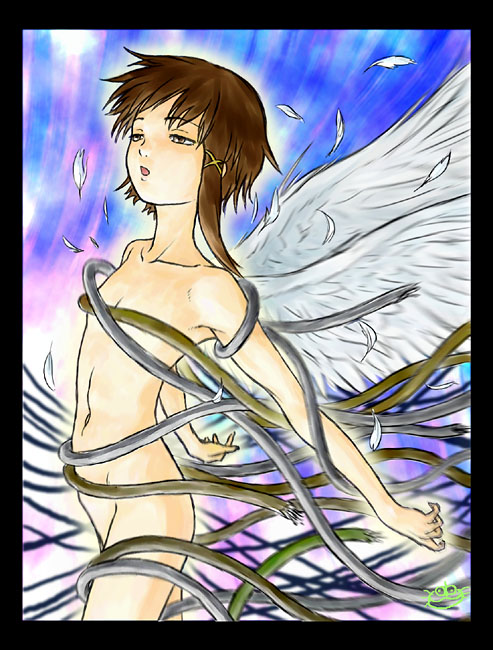 kobaneko, iwakura lain, serial experiments lain, 1990s (style), 1girl, angel wings, brown eyes, brown hair, cable, cowboy shot, female focus, hair ornament, hairclip, navel, nude, open mouth, solo, standing, wings