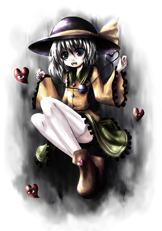 kurona, komeiji koishi, touhou, silver hair, 1girl, female focus, full body, gradient background, green eyes, hat, heart, short hair, skirt, solo, thighhighs, white background, white thighhighs