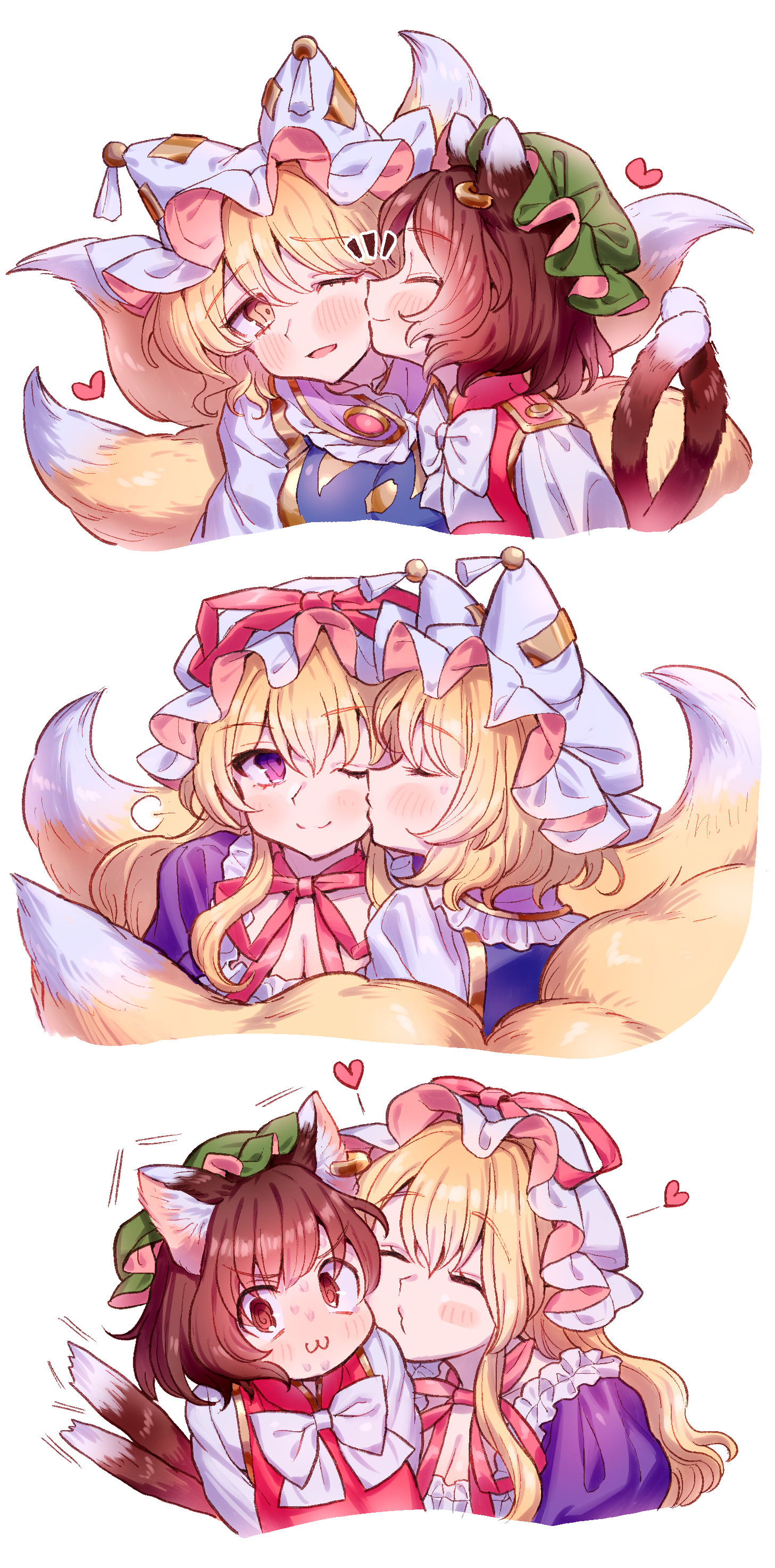 masanaga (tsukasa), chen, yakumo ran, yakumo yukari, touhou, absurdres, commentary request, highres, 3girls, :3, ;), ;d, animal ears, blonde hair, blue tabard, blush, bow, bowtie, breasts, brown hair, cat ears, cat girl, cat tail, choker, cleavage, closed eyes, cropped shoulders, dress, fox, fox girl, green hat, hat, hat ribbon, heart, kiss, kissing cheek, mob cap, multiple girls, multiple tails, one eye closed, open mouth, puff of air, purple dress, purple eyes, red eyes, red ribbon, red vest, ribbon, ribbon choker, shirt, short hair, simple background, smile, tabard, tail, trembling, two tails, v-shaped eyebrows, vest, white background, white bow, white bowtie, white dress, white hat, white shirt, yellow eyes, yuri