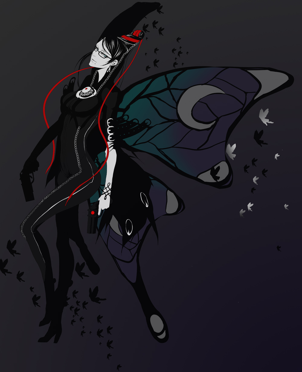 iwamoto eiri, bayonetta, bayonetta (series), bayonetta 1, bad id, bad pixiv id, highres, 1girl, black hair, bodysuit, bug, butterfly, butterfly wings, dark, dual wielding, female focus, flat color, full body, glasses, gun, holding, insect, insect wings, mole, mole under mouth, silhouette, solo, weapon, wings