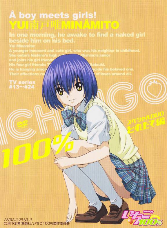 minamito yui, ichigo 100%, plaid, 00s, 1girl, blue hair, female focus, ribbon, school uniform, shoes, short hair, socks, solo, squatting, vest, white socks, yellow eyes