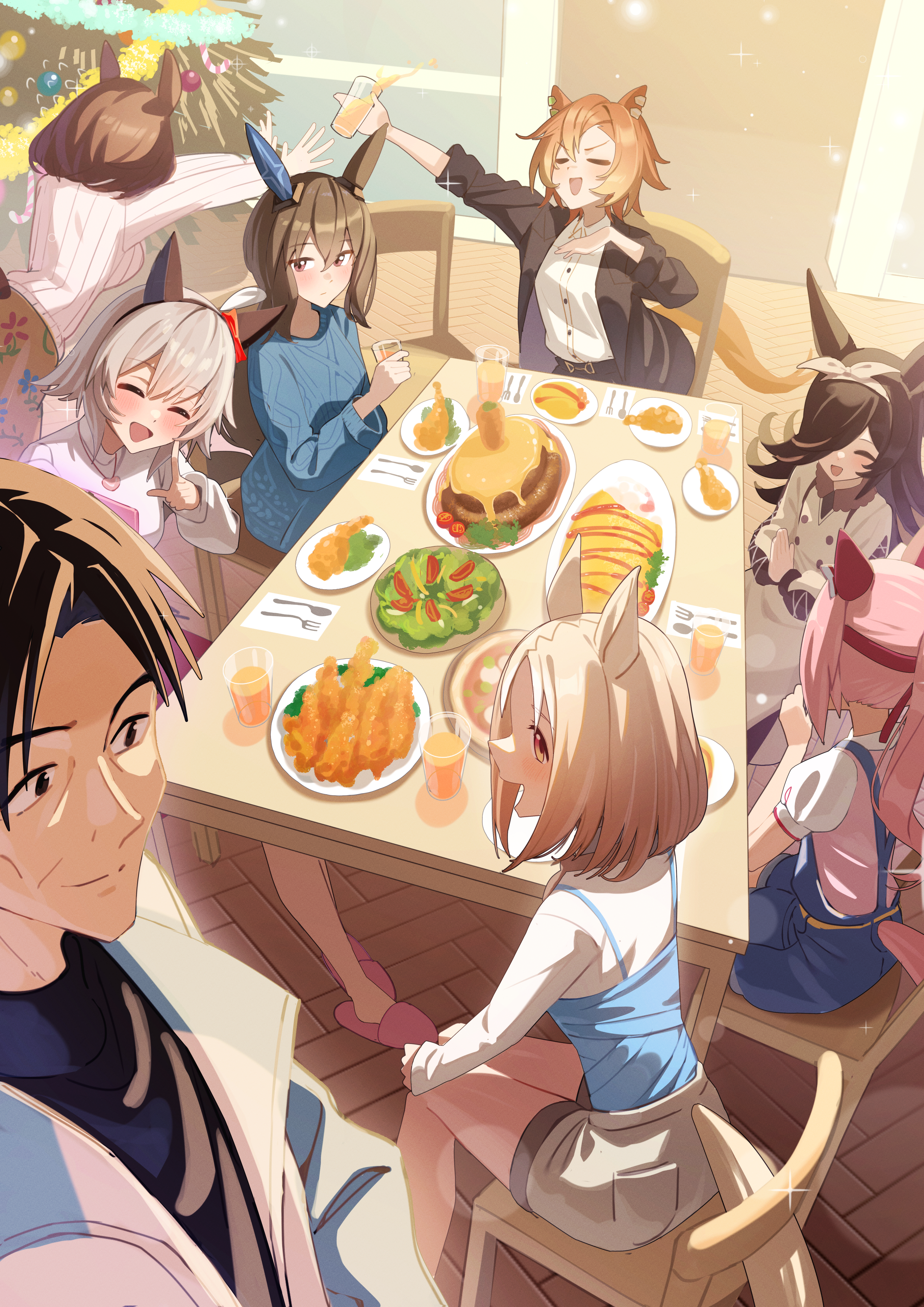 freely2327, admire vega (casual) (umamusume), admire vega (umamusume), curren chan (casual) (umamusume), curren chan (umamusume), haru urara (casual) (umamusume), haru urara (umamusume), meisho doto (casual) (umamusume), meisho doto (umamusume), narita top road (casual) (umamusume), narita top road (umamusume), rice shower (casual) (umamusume), rice shower (umamusume), t.m. opera o (casual) (umamusume), t.m. opera o (umamusume), trainer (umamusume), umamusume, umamusume: road to the top, absurdres, commentary request, highres, 1boy, 6+girls, animal ears, black hair, black jacket, black shirt, blonde hair, blue overalls, blue shorts, blue sweater, blue tank top, blush, brown hair, brown skirt, closed eyes, closed mouth, coat, cup, ear covers, ear piercing, fur trim, grey hair, grey shorts, hair between eyes, hair over one eye, hairband, holding, holding cup, horse ears, horse girl, horse tail, indoors, jacket, long hair, multiple girls, open clothes, open jacket, open mouth, orange hair, overalls, piercing, pink hair, pink shirt, puffy short sleeves, puffy sleeves, red hairband, shirt, short hair, short sleeves, shorts, sitting, skirt, smile, sweater, tail, tank top, trainer okita, white coat, white jacket, white shirt, white sleeves, white sweater