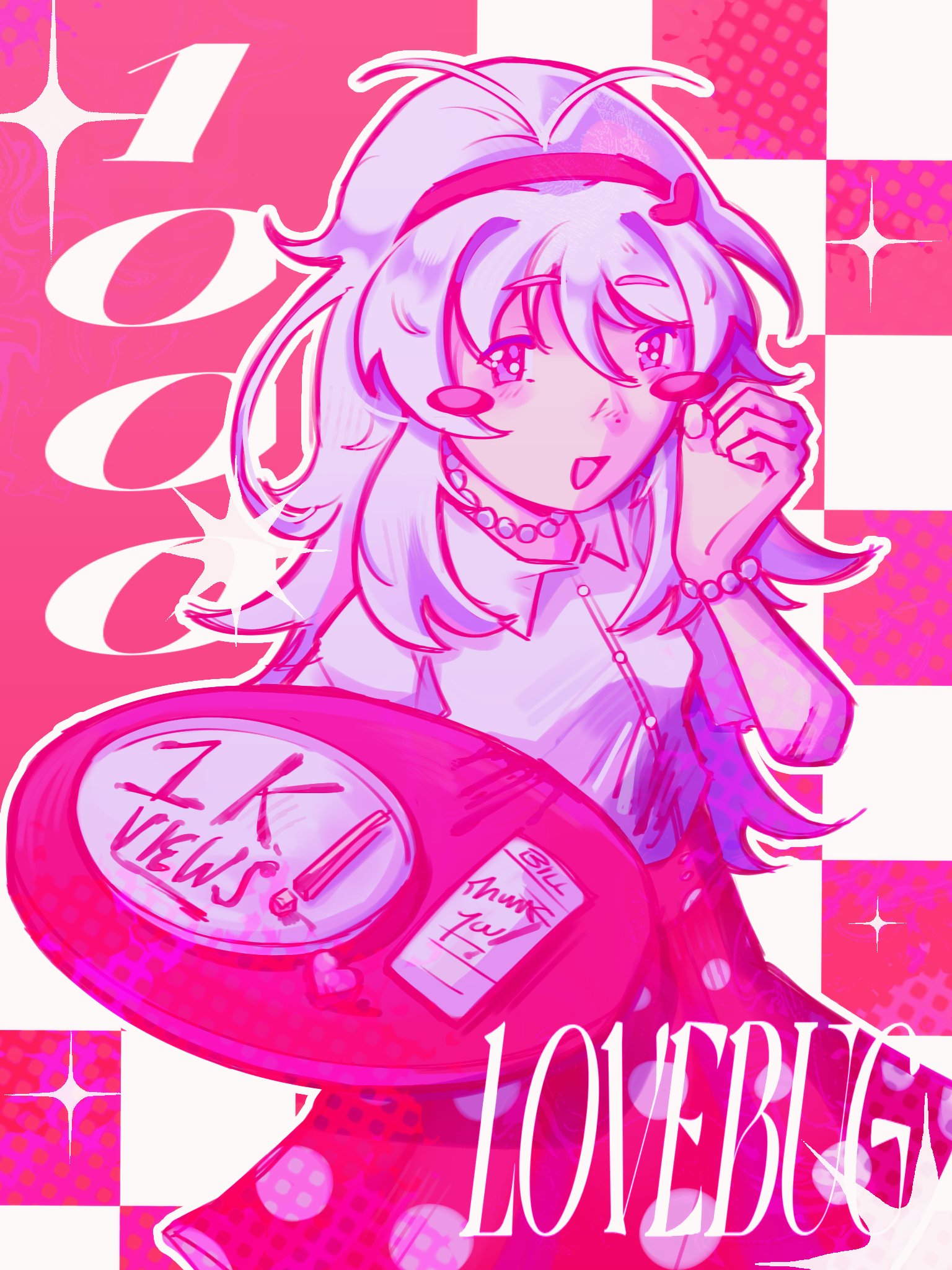 sukone tei, utau, commentary, english commentary, highres, 1girl, blush stickers, checkered background, frankenhyde, grey hair, jewelry, lovebug (utau), necklace, pearl necklace, polka dot, polka dot skirt, red eyes, shirt, skirt, smile, thank you, waitress, white shirt