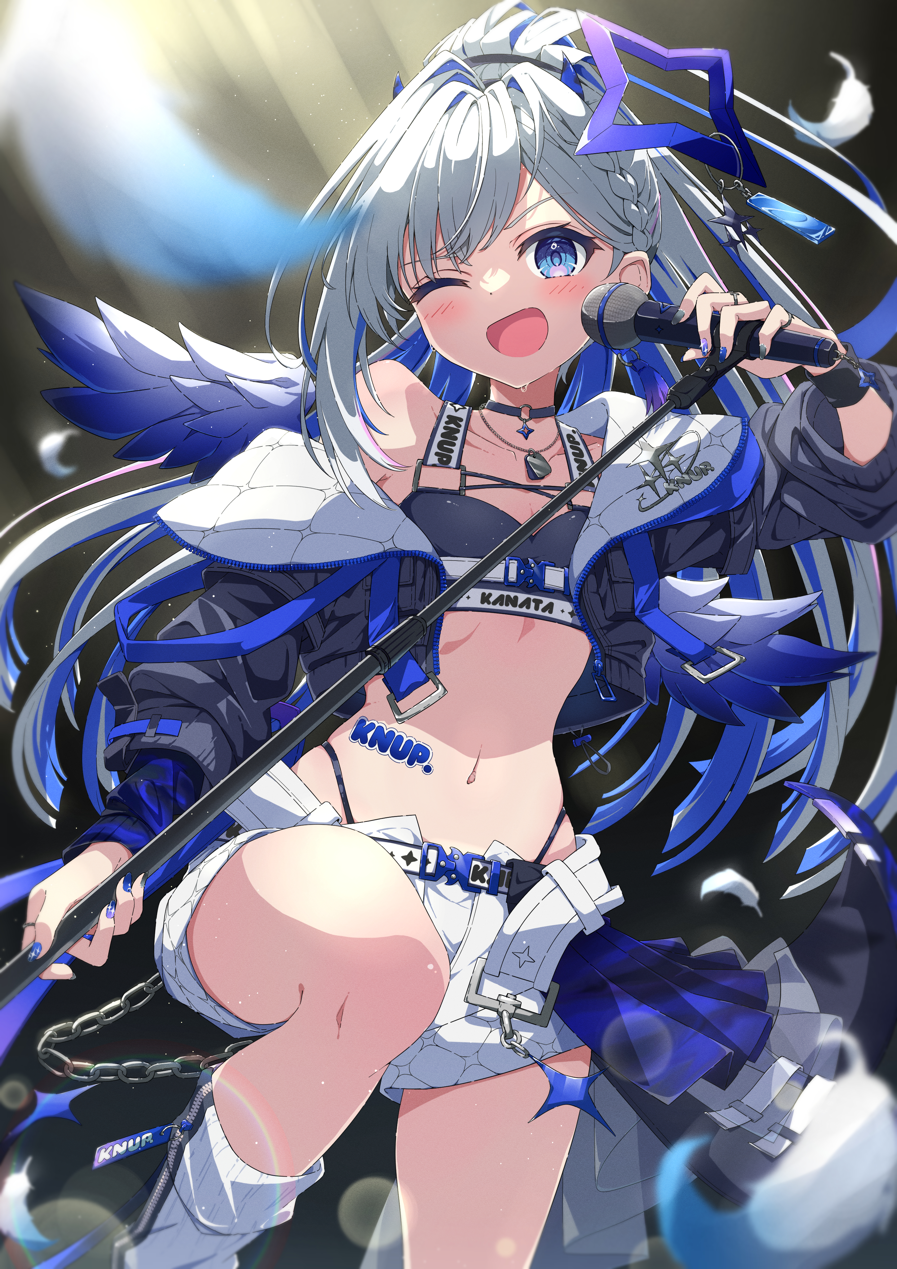 kashiwagi yume, amane kanata, amane kanata (lock on), hololive, absurdres, commentary request, highres, 1girl, bare shoulders, belt, black choker, black jacket, black sports bra, blue hair, blue halo, blue wings, blush, breasts, choker, collarbone, crossed bangs, earrings, gradient hair, gradient wings, grey hair, hair between eyes, halo, heart, holding, holding microphone, holding microphone stand, jacket, jewelry, long hair, long sleeves, looking at viewer, microphone, microphone stand, midriff, mini wings, multicolored hair, multicolored wings, navel, necklace, o-ring, o-ring choker, official alternate costume, one eye closed, open mouth, parted bangs, purple eyes, ring, short shorts, shorts, single hair intake, small breasts, smile, solo, sports bra, star (symbol), star halo, stomach, thighs, tilted halo, virtual youtuber, watermark, white belt, white hair, white shorts, wings