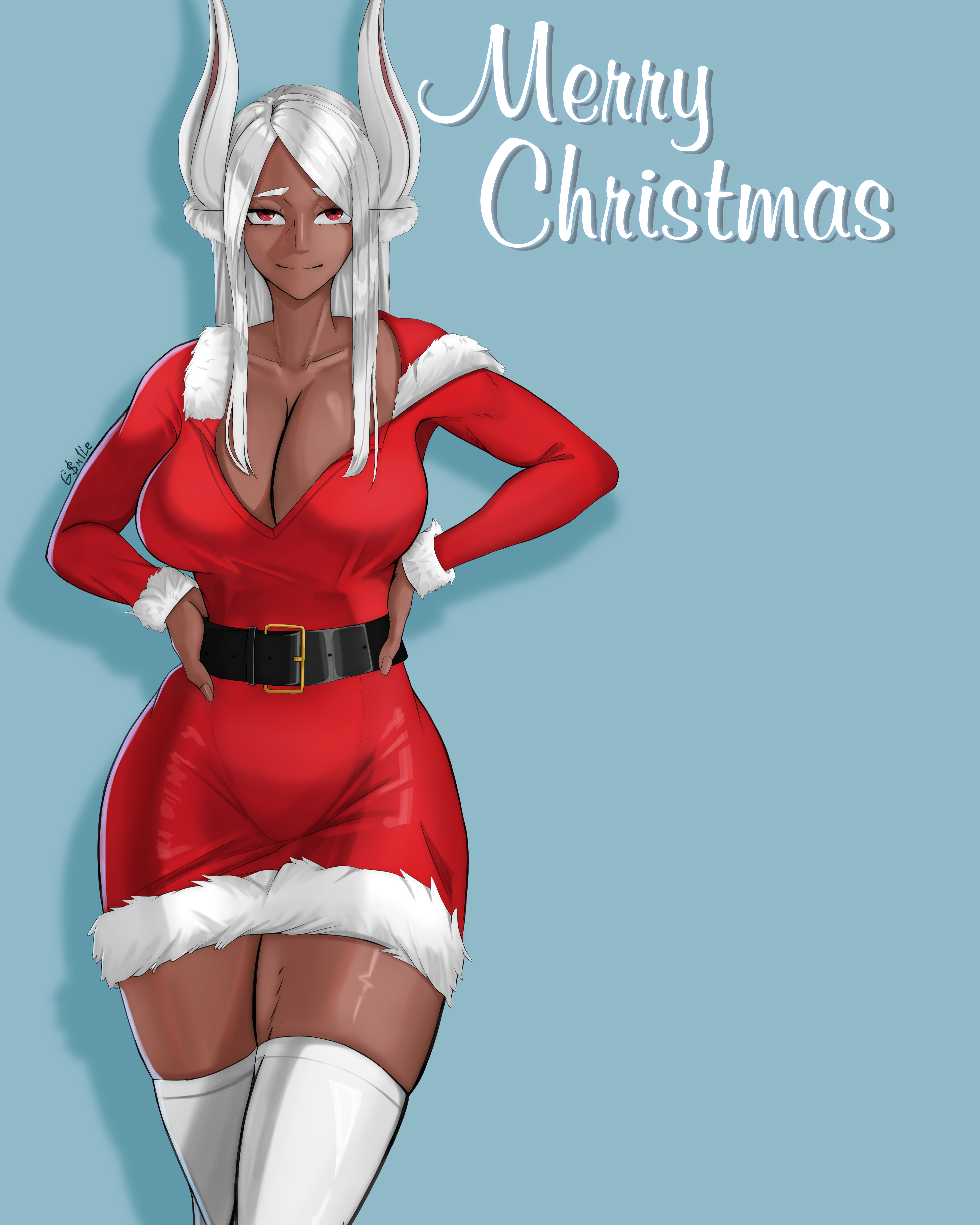 mirko, boku no hero academia, 1girl, breasts, christmas, dark-skinned female, dark skin, large breasts, long hair