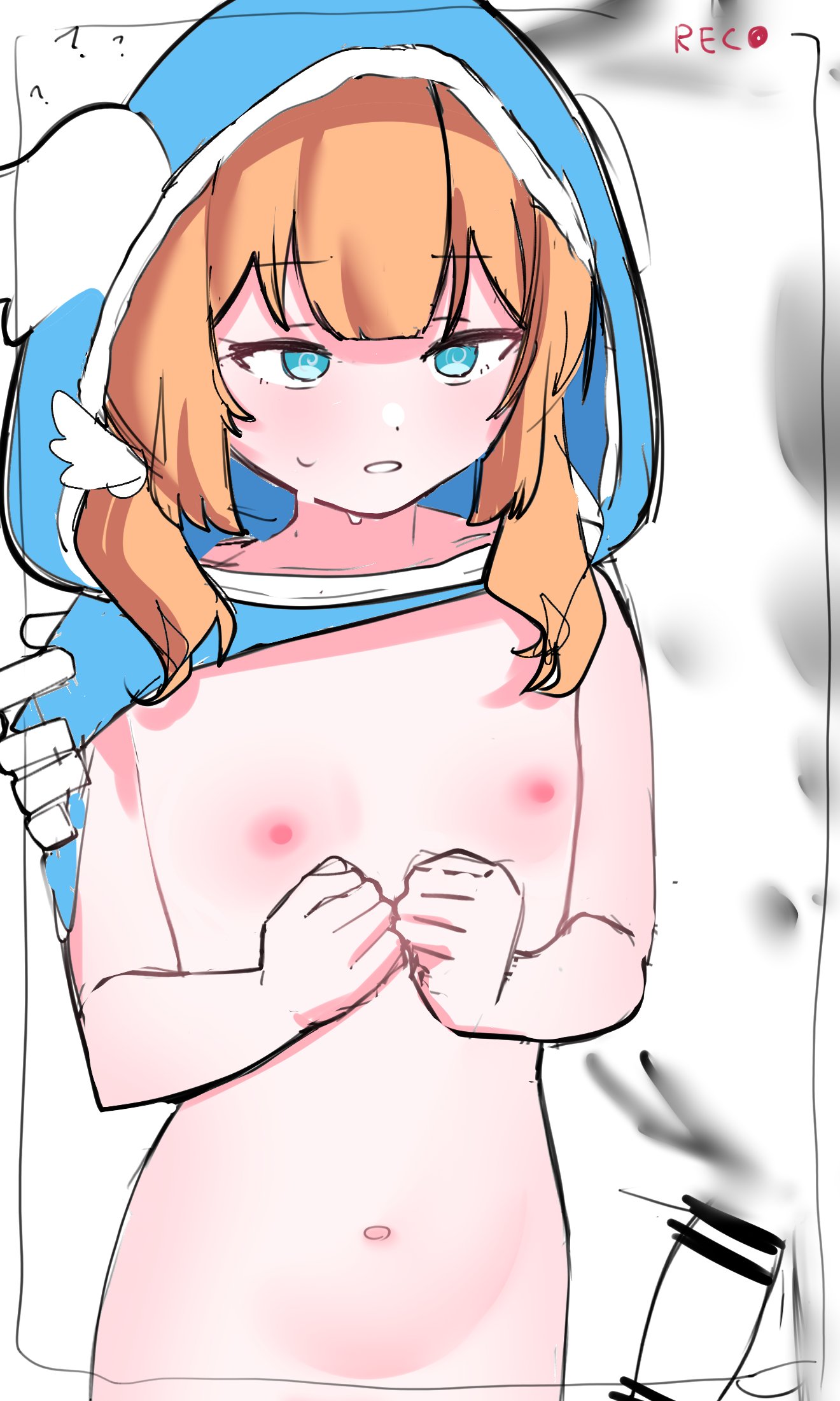 rusmaamhi, motosu towa, world dai star, highres, 1girl, blue eyes, blush, flat chest, hood, hood up, jacket, long hair, navel, nipples, orange hair, parted lips, penis, solo, sweat, upper body