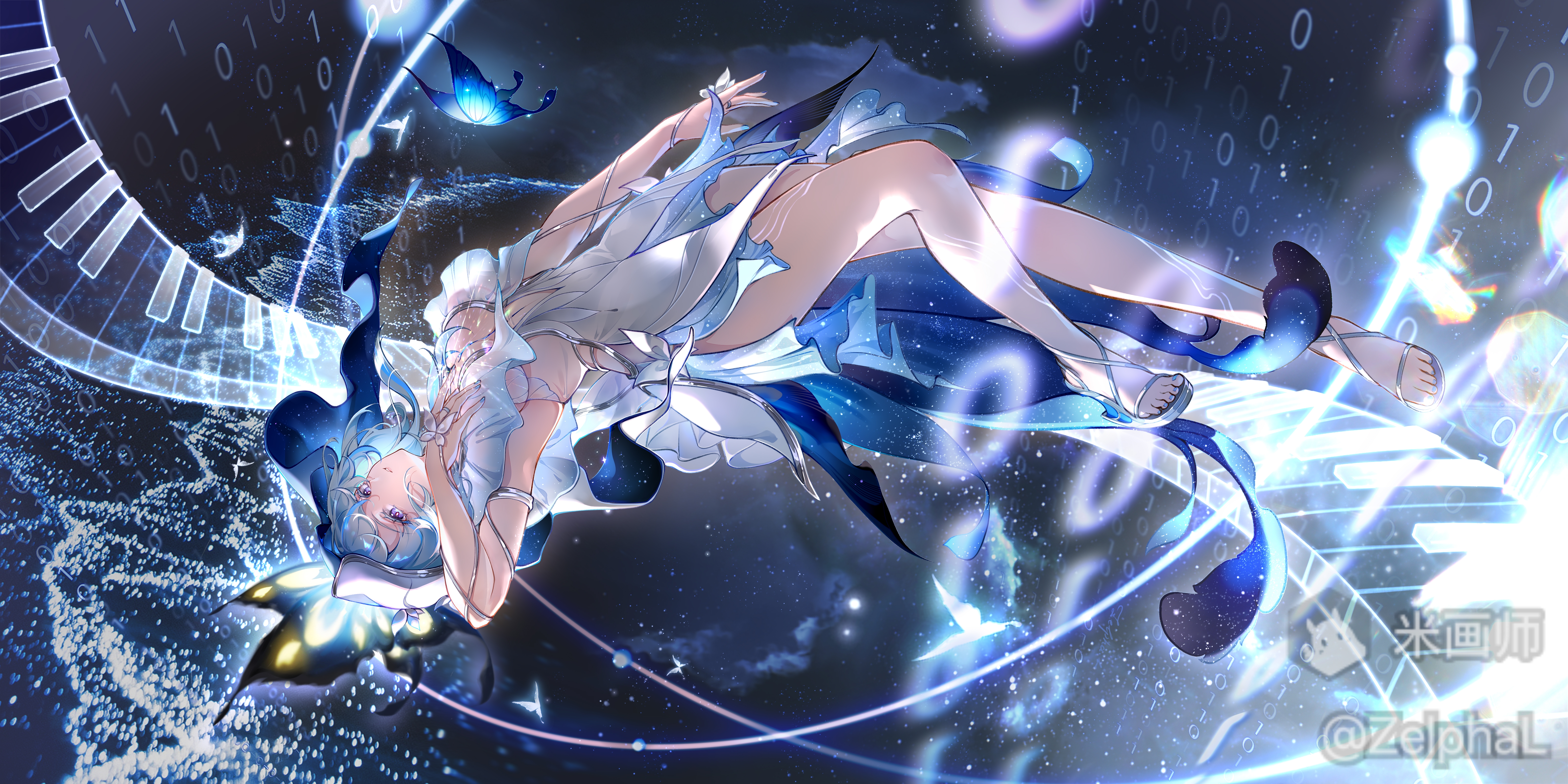 shorekeeper (wuthering waves), wuthering waves, absurdres, highres, 1girl, armlet, bare legs, blue hair, breasts, dress, hand up, heel-less heels, high heel sandals, jewelry, legs, long hair, looking at viewer, medium breasts, open-toe shoes, purple eyes, sandals, sleeveless, sleeveless dress, solo, thighs, toes, white dress, zelphal