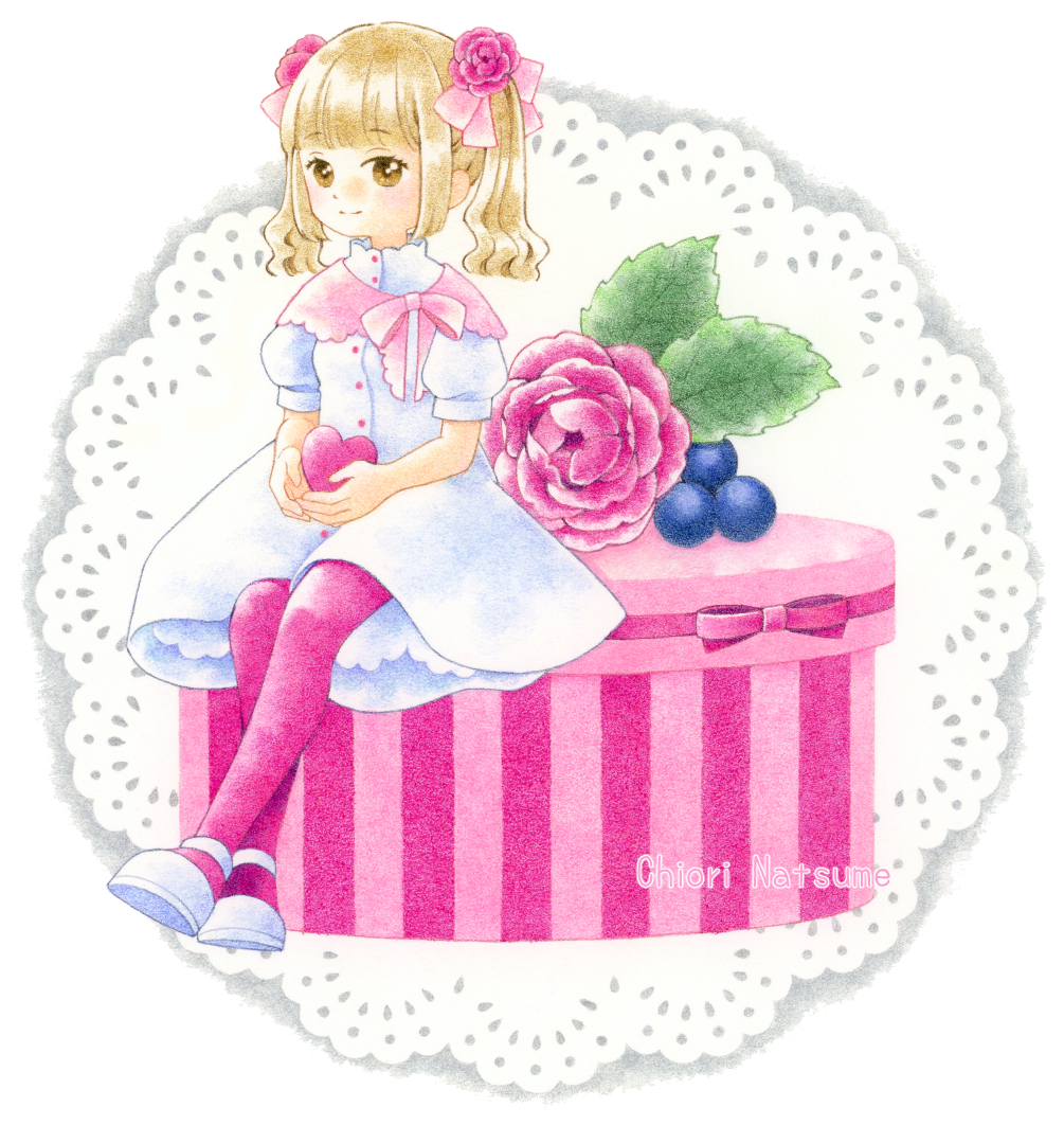 chiori n, original, colored pencil (medium), commentary request, traditional media, 1girl, blonde hair, box, brown eyes, dress, full body, gift, gift box, heart, light smile, medium hair, pantyhose, pink pantyhose, sitting, solo, twintails