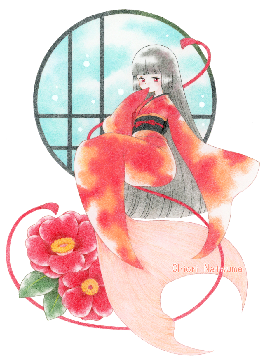 chiori n, original, colored pencil (medium), commentary request, highres, traditional media, 1girl, black hair, flower, full body, hime cut, japanese clothes, kimono, long hair, mermaid, monster girl, red eyes, red flower, red kimono, solo, window