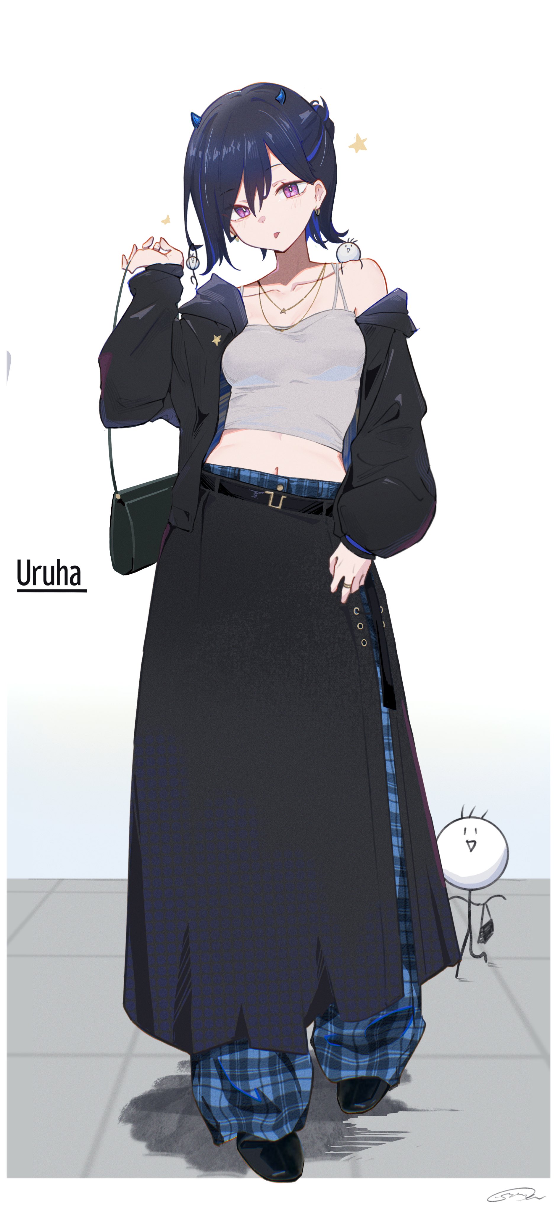 simuyutou, ichinose uruha, lupinus virtual games, vspo!, absurdres, commentary request, highres, 1girl, alternate costume, alternate hairstyle, bag, baggy pants, black hair, black jacket, black overskirt, black shoes, blue horns, camisole, character name, collarbone, earrings, full body, grey camisole, hair between eyes, half updo, handbag, horns, jacket, jewelry, looking at viewer, midriff, multicolored hair, navel, necklace, overskirt, pants, parted bangs, pink eyes, plaid clothes, plaid pants, ring, shoes, simple background, single bare shoulder, single off shoulder, small horns, solo, spaghetti strap, standing, streaked hair, tongue, tongue out, virtual youtuber, white background