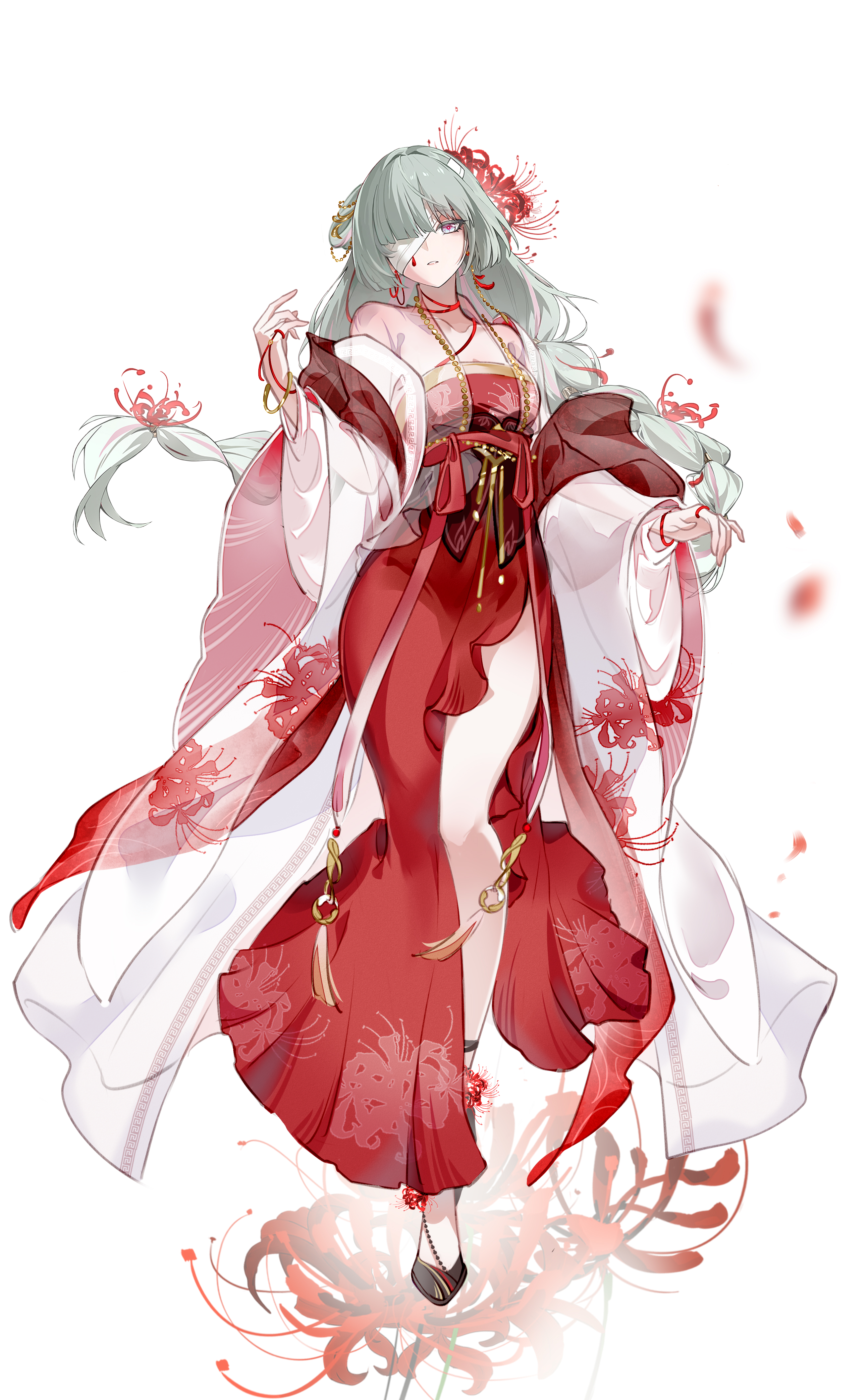 phrolova (wuthering waves), wuthering waves, absurdres, chinese commentary, clothing request, commentary request, highres, 1girl, alternate costume, bandage over one eye, braid, breasts, chinese clothes, dress, flower, full body, grey eyes, grey hair, hair flower, hair ornament, hand up, looking at viewer, low twin braids, medium breasts, multicolored hair, parted lips, petals, red dress, red petals, side slit, solo, spider lily, streaked hair, tachi-e, twin braids, zelphal