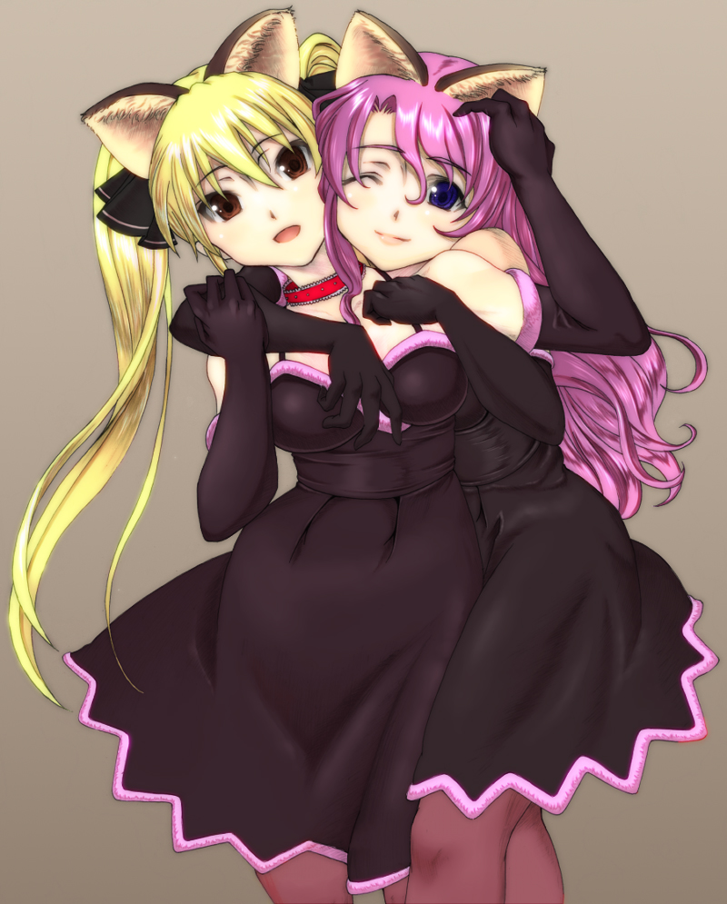 emanon123, mian (dream c club), rui (dream c club), dream c club, dream c club (series), 2girls, animal ears, blonde hair, blue eyes, brown eyes, cat ears, dress, elbow gloves, gloves, hug, lips, long hair, multiple girls, pantyhose, pink hair, twintails