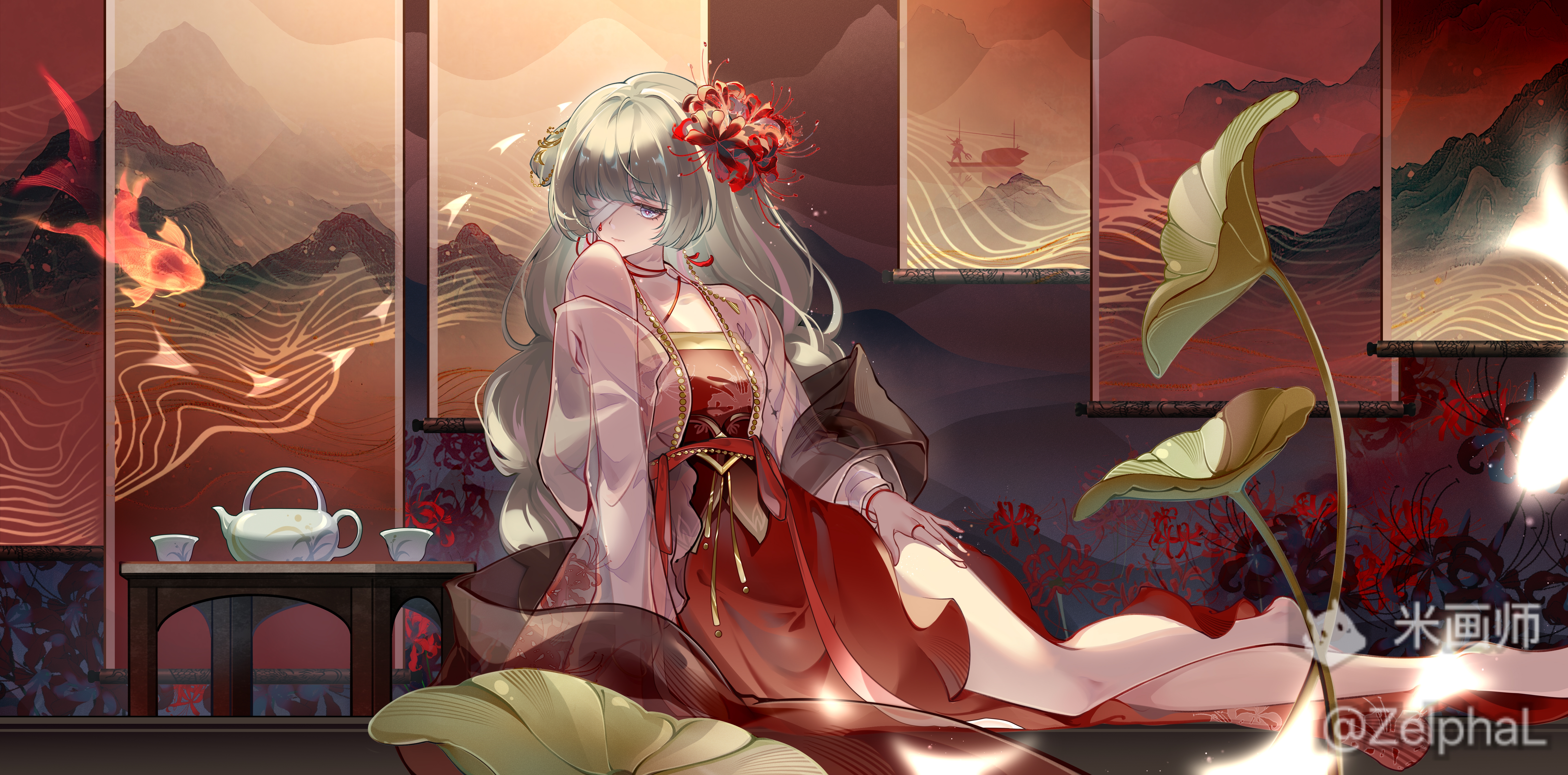 phrolova (wuthering waves), wuthering waves, absurdres, clothing request, commission, highres, 1girl, alternate costume, architecture, bandage over one eye, bare shoulders, chinese clothes, closed mouth, cup, east asian architecture, grey eyes, grey hair, long hair, looking at viewer, lying, on side, solo, teacup, teapot, zelphal